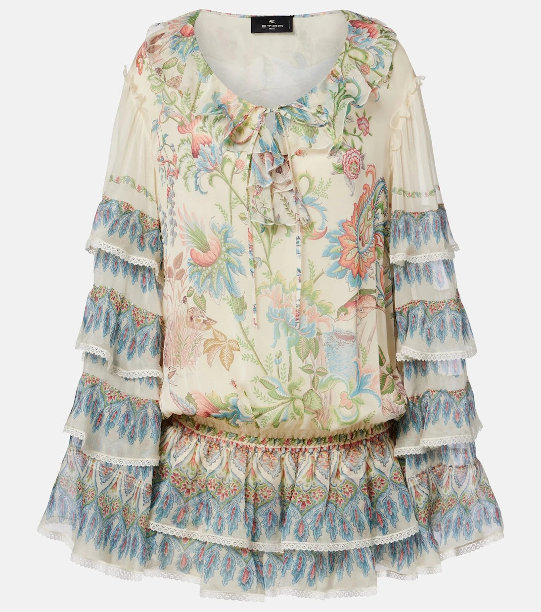 Etro - Printed ruffled lace-trimmed silk minidress