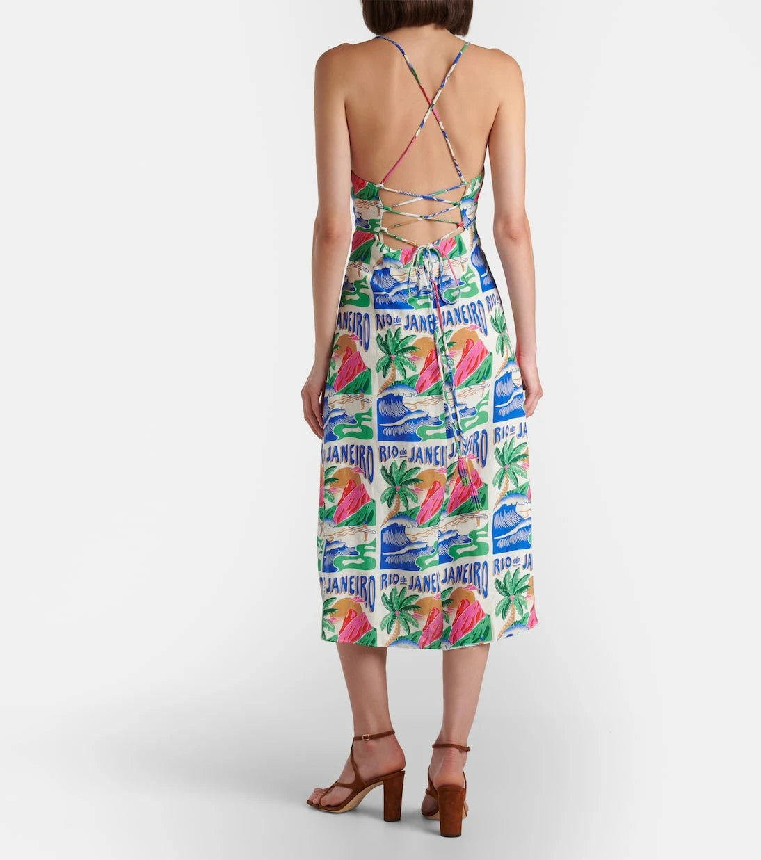 Farm Rio - Carioca Posters linen-blend midi dress