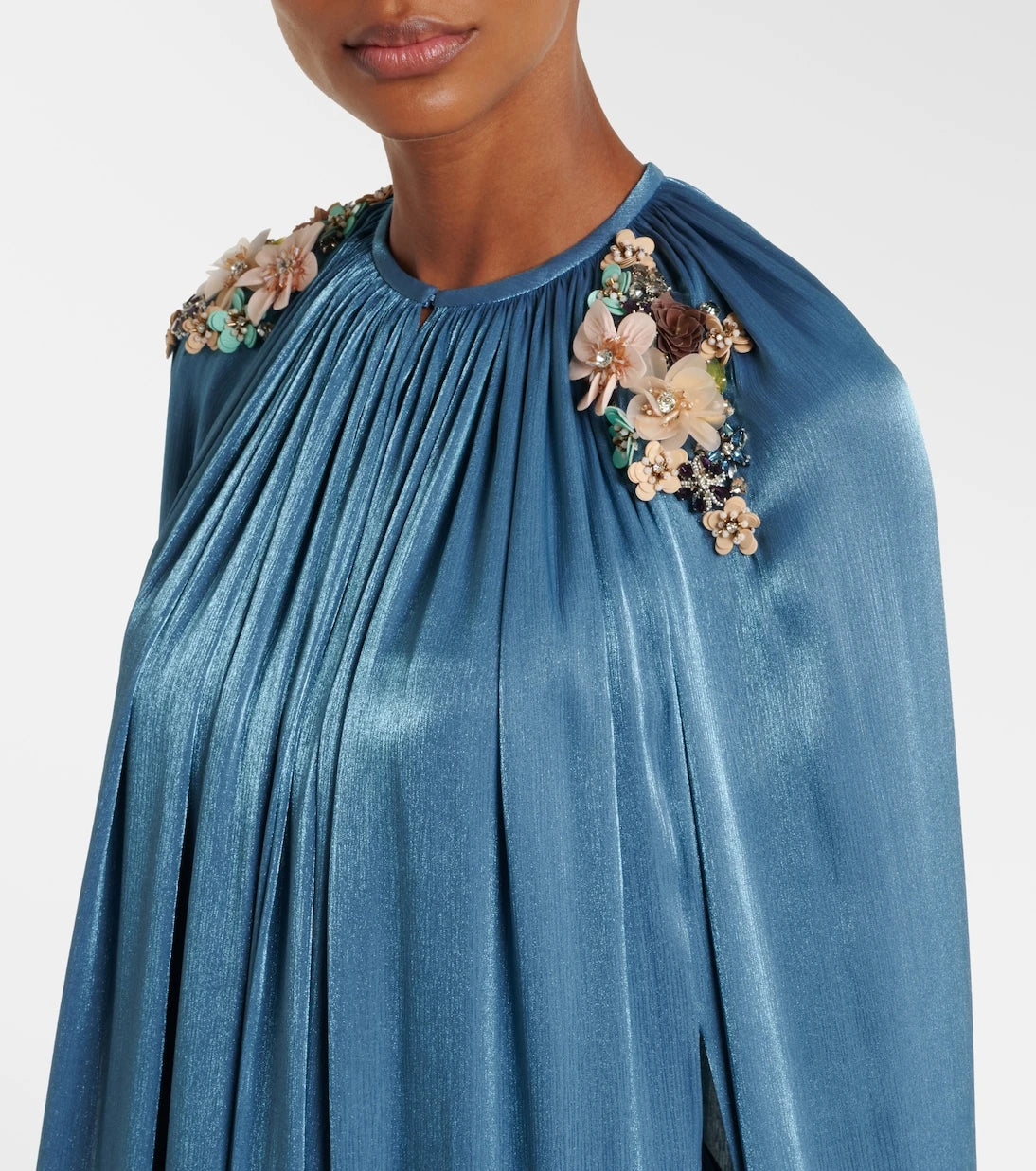 Costarellos - Embellished pleated caped bustier gown