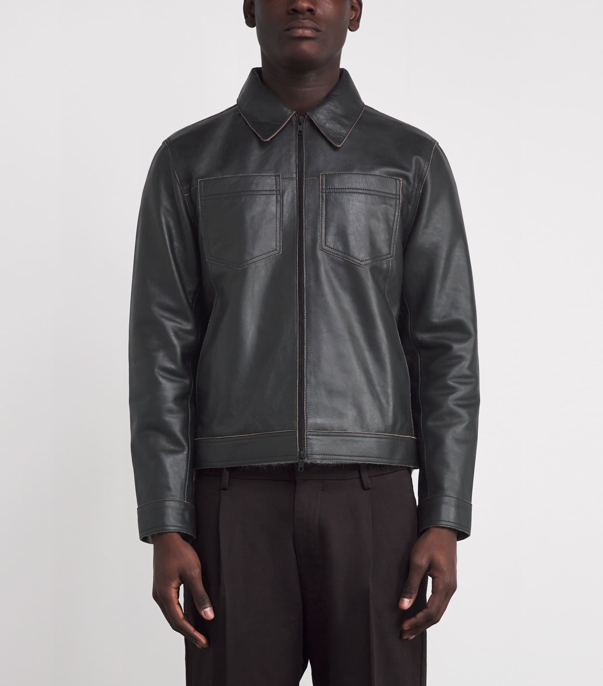 Black Contrast Stitch Leather Jacket