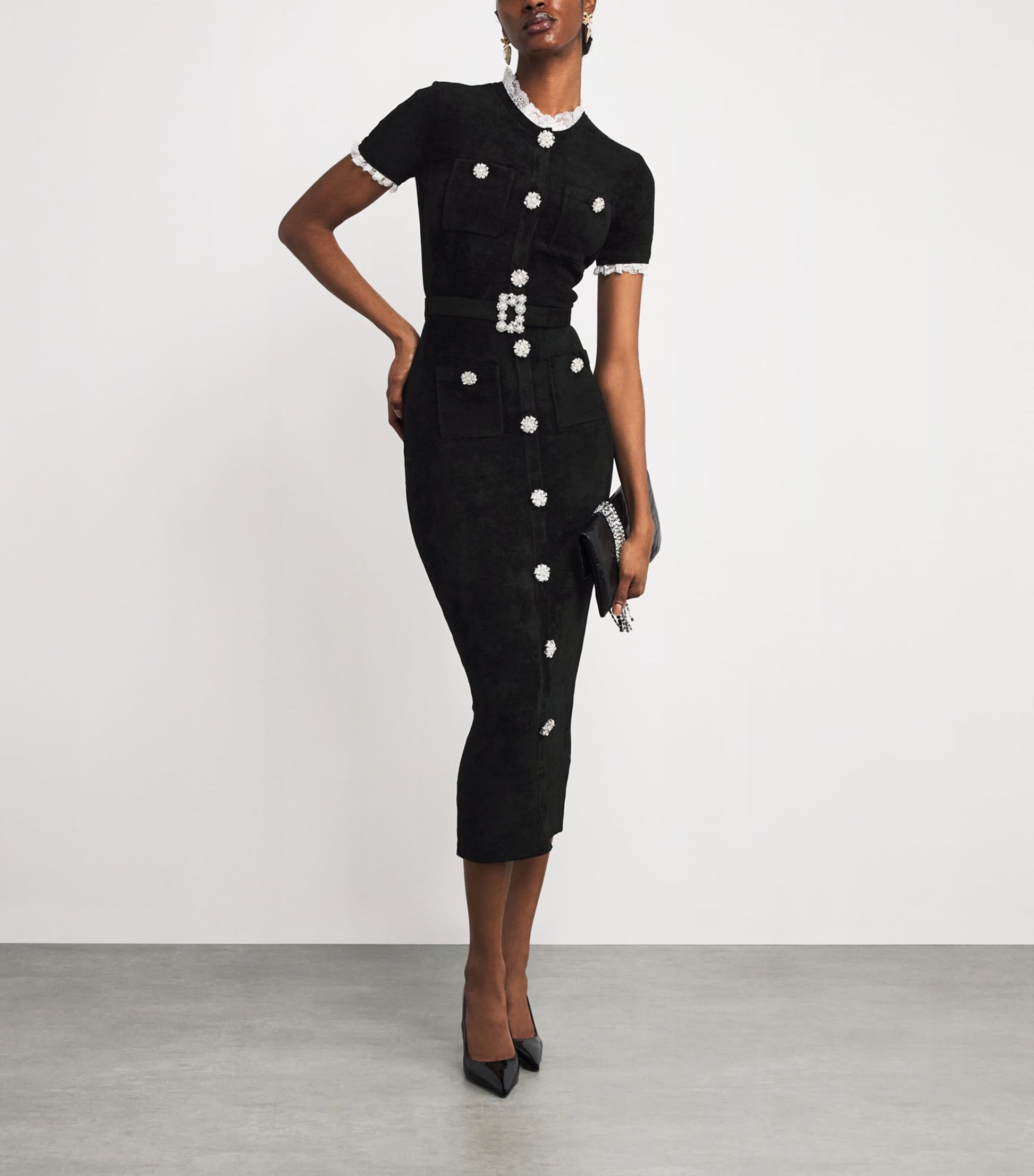 Self-Portrait Black Chenille Lace-Trim Midi Dress