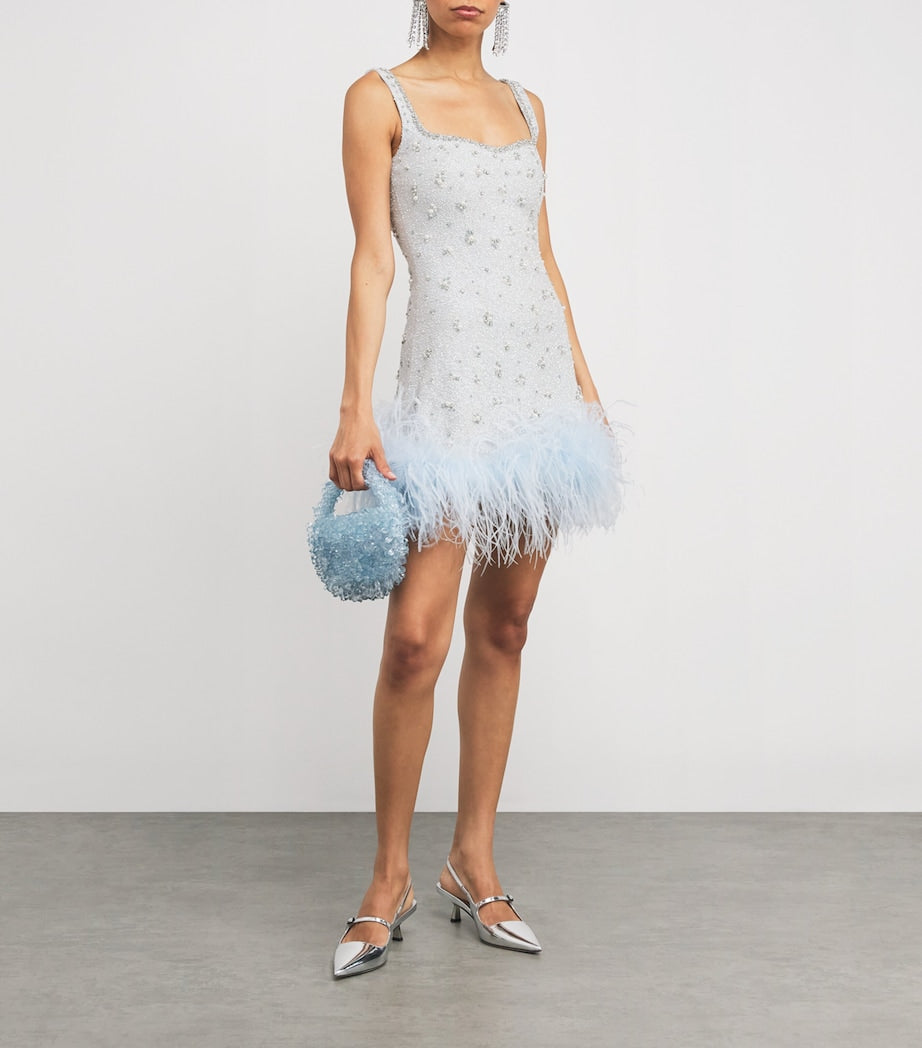 Clio Peppiatt Blue Feather-Trim Mini Dress