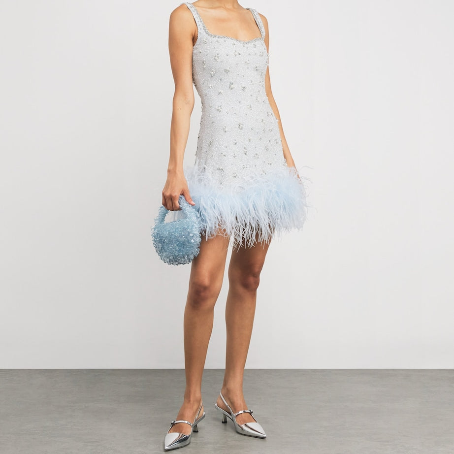 Clio Peppiatt Blue Feather-Trim Mini Dress