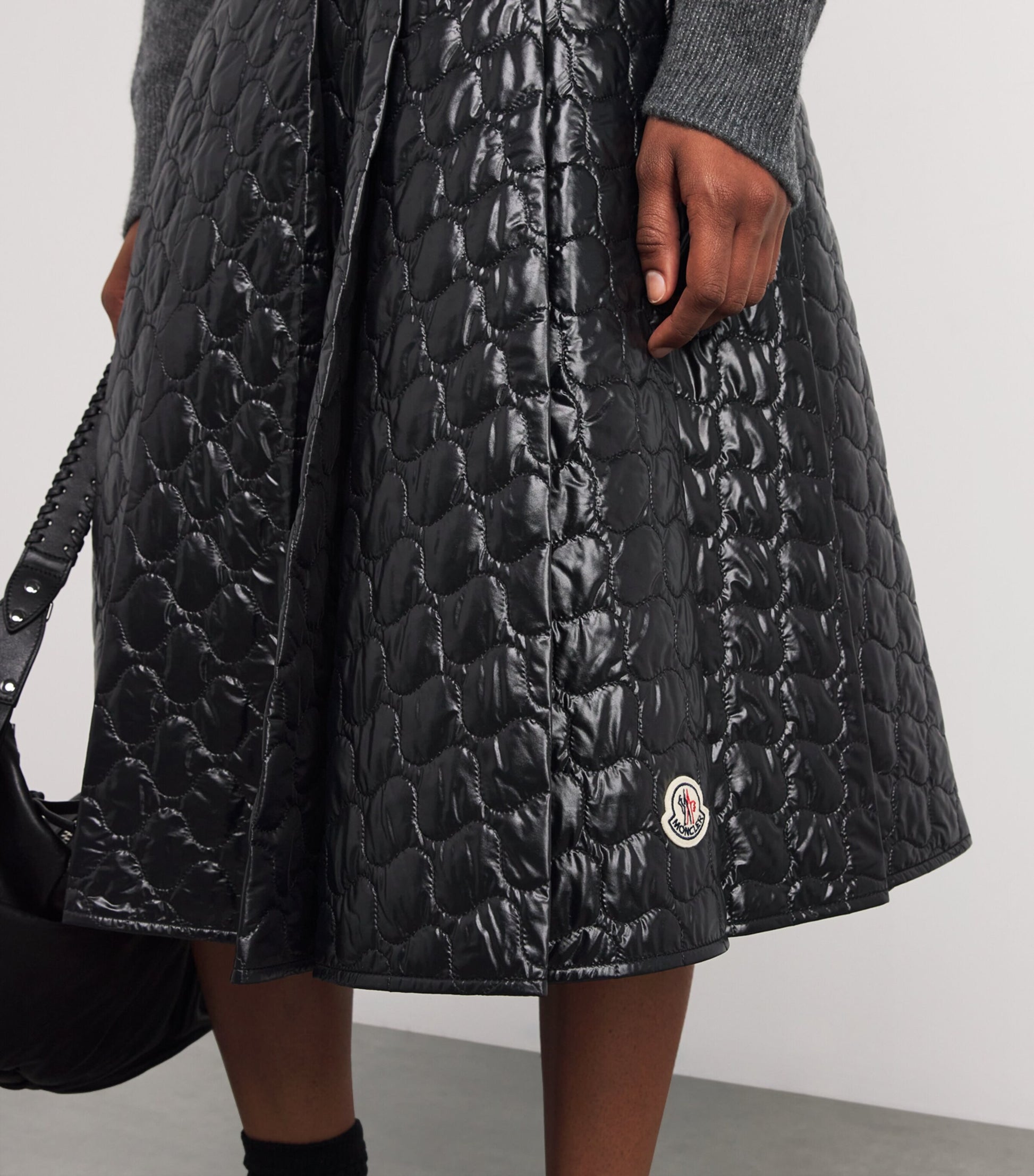 Black Microfiber Quilted Midi Skirt