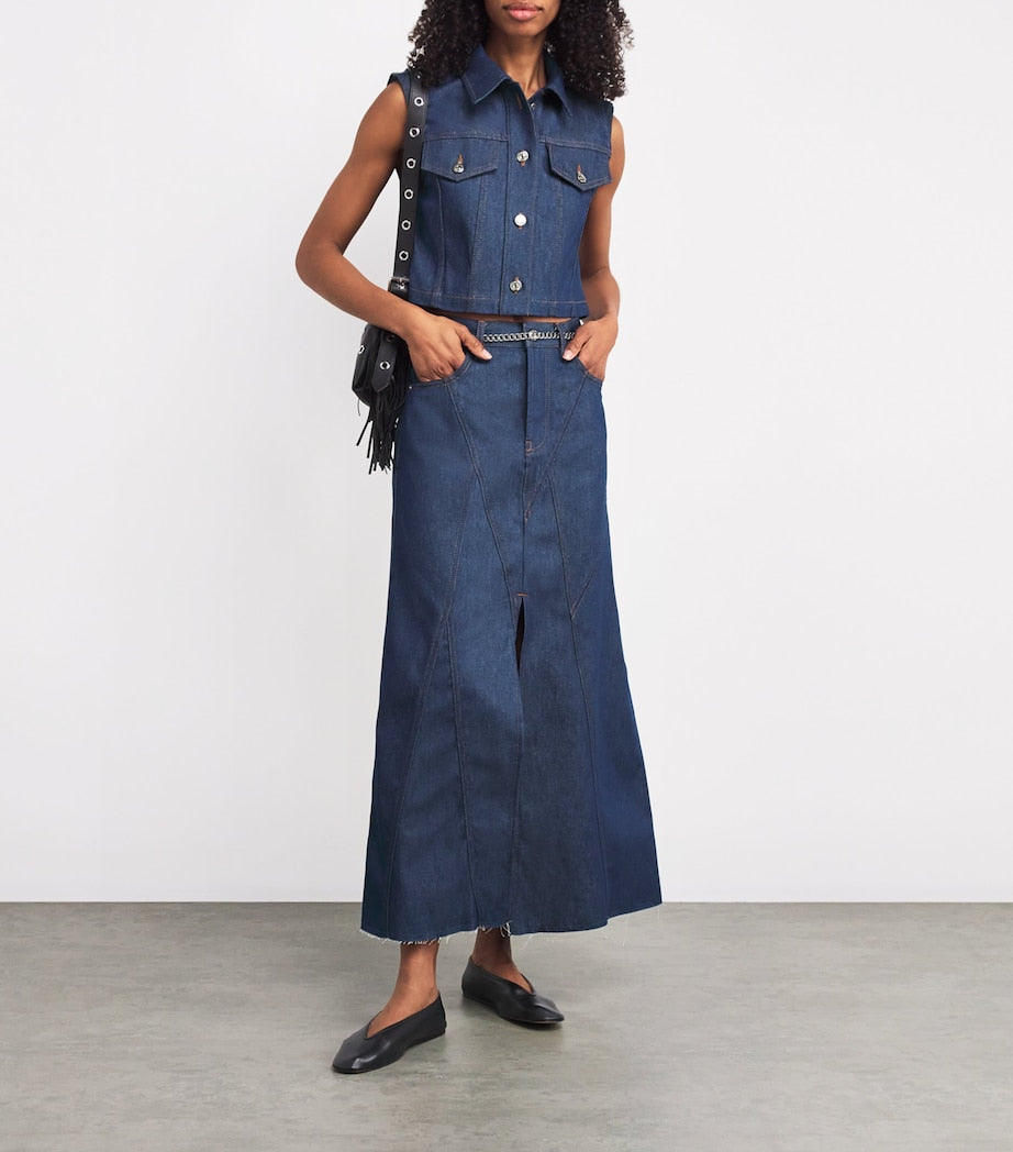 Blue Cropped Sleeveless Denim Jacket