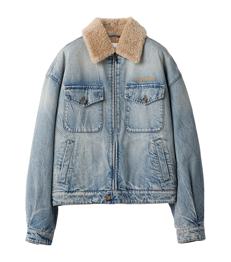 Miu Miu Turquoise Shearling Denim Jacket