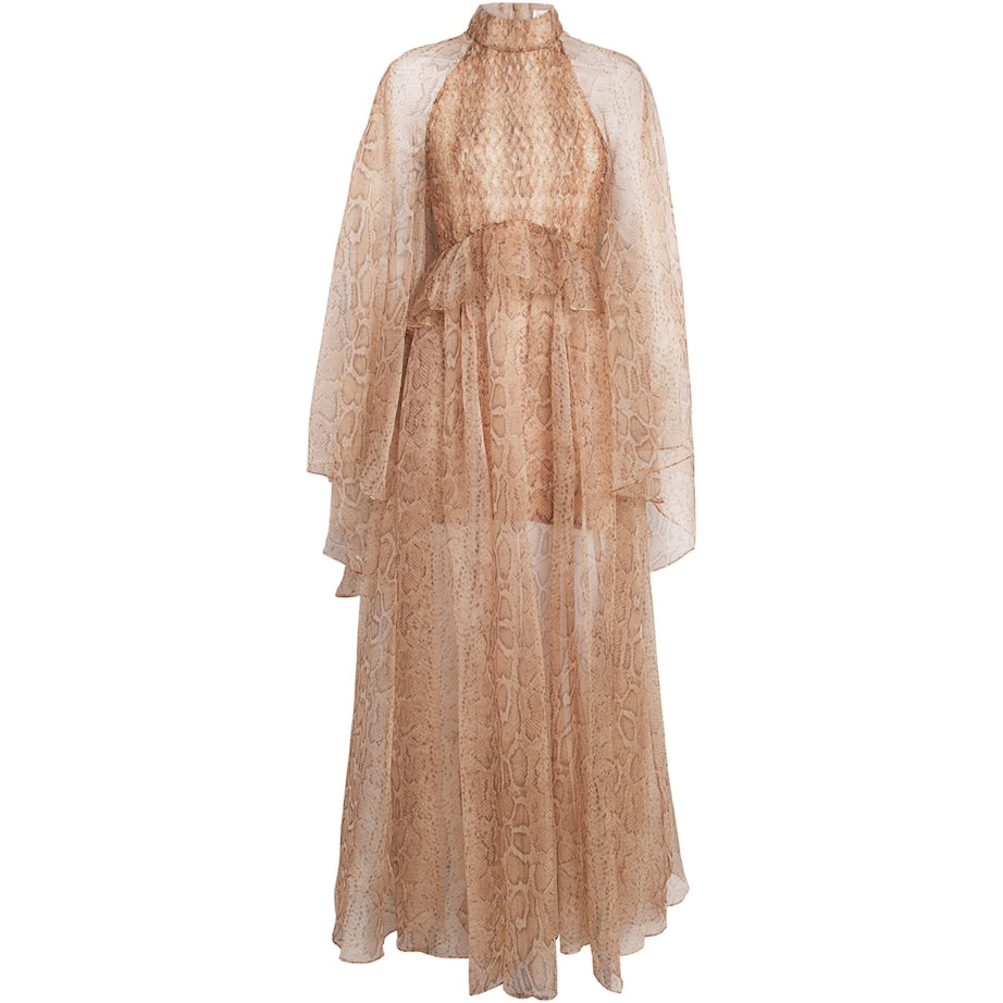 Zimmermann Brown Silk Memento Smocked Flutter Maxi Dress
