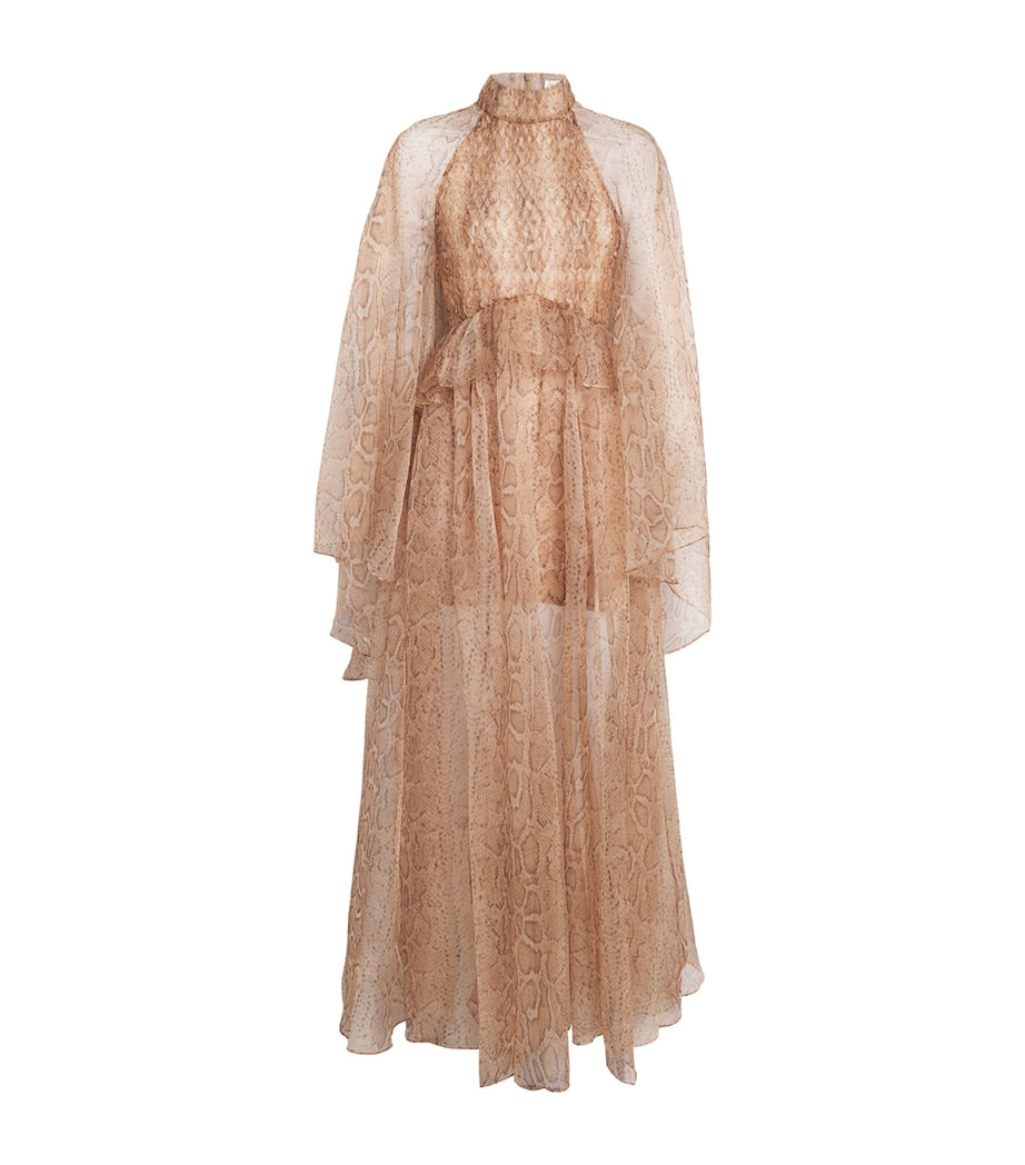 Zimmermann Brown Silk Memento Smocked Flutter Maxi Dress