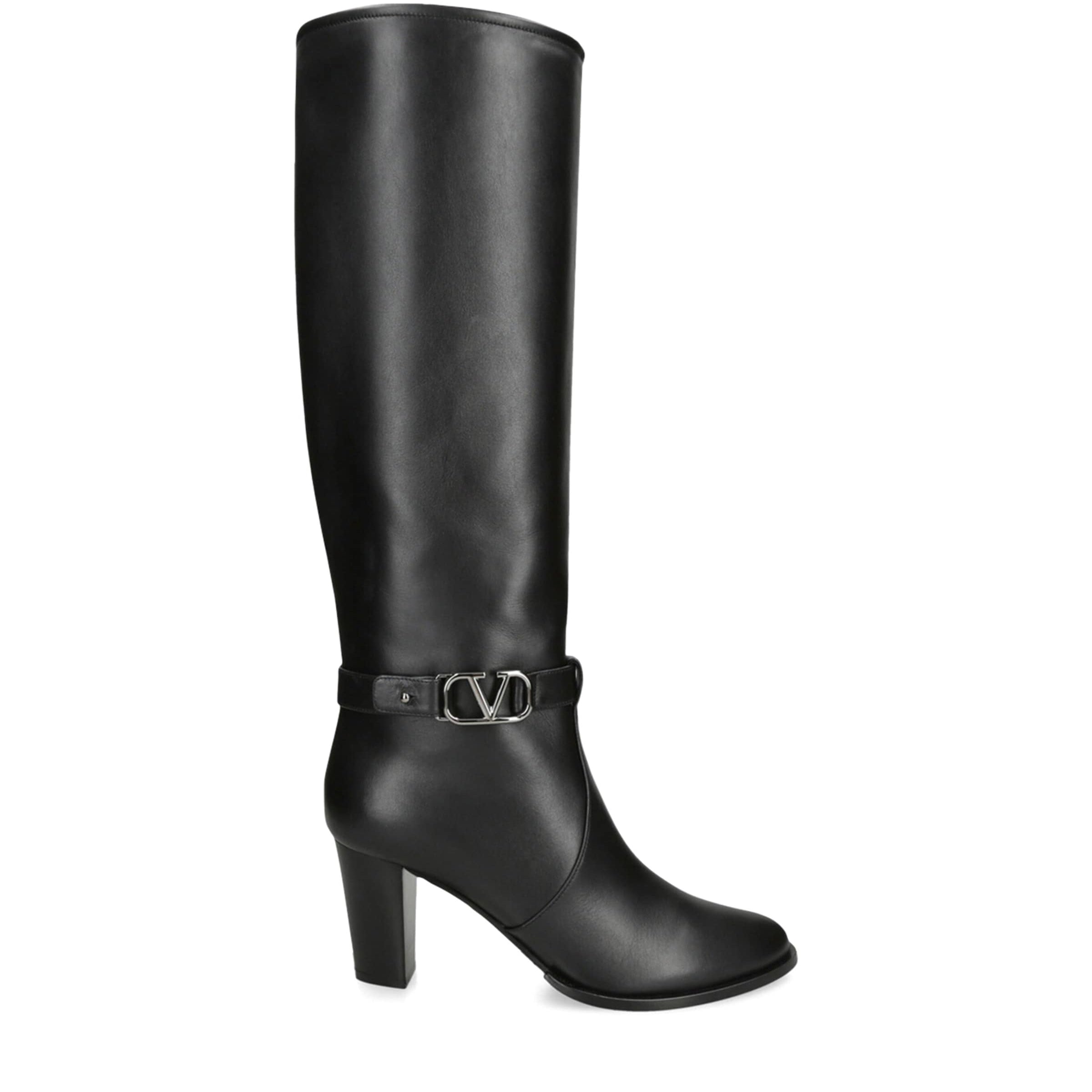 Valentino Garavani Black Leather VLogo Knee-High Boots 75