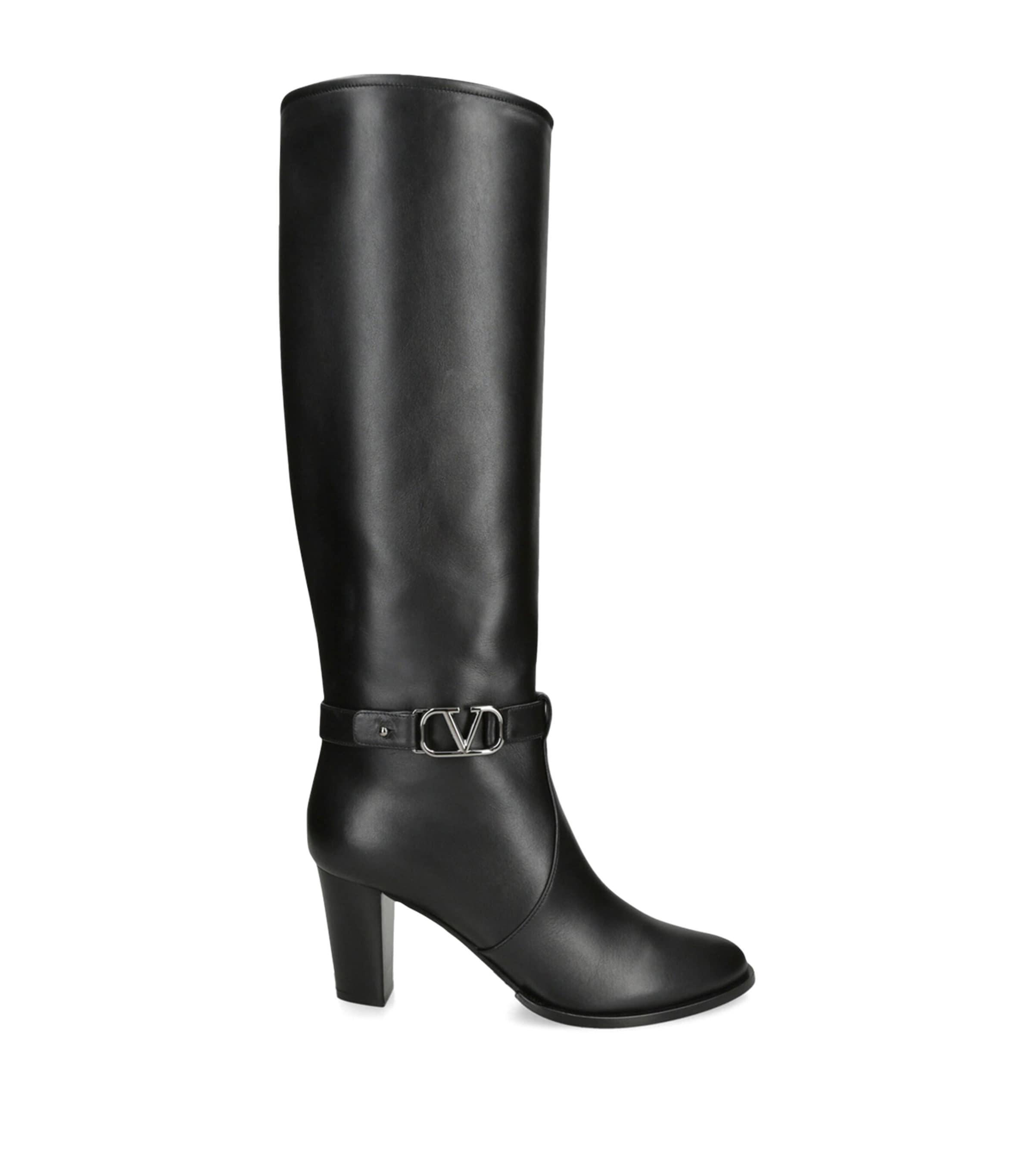 Valentino Garavani Black Leather VLogo Knee-High Boots 75