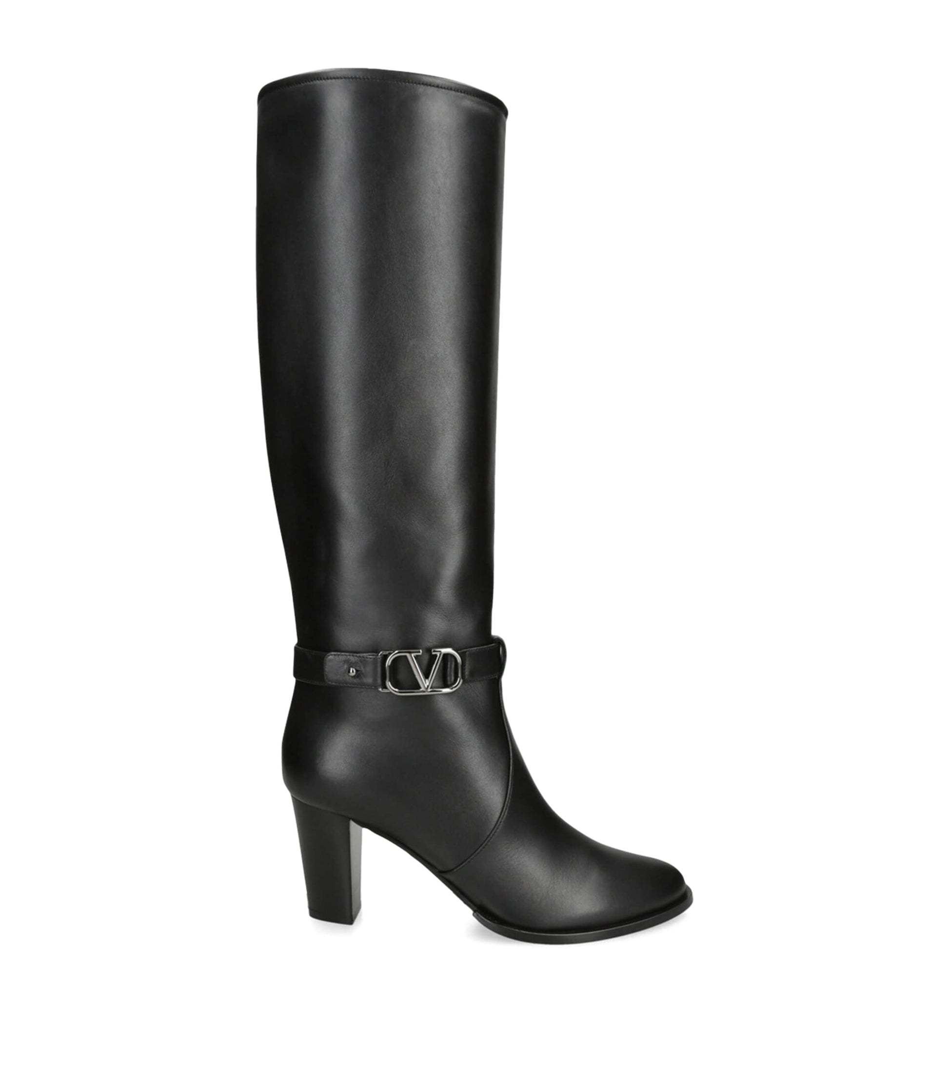 Valentino Garavani Black Leather VLogo Knee-High Boots 75