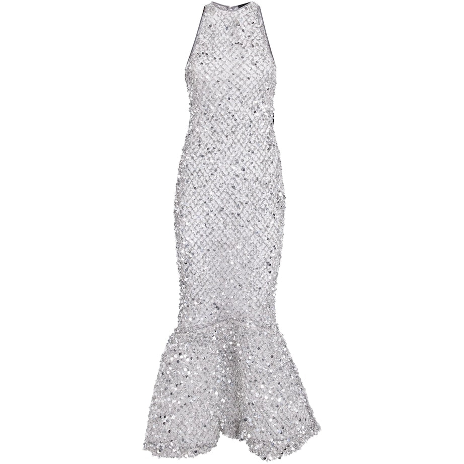 LAPOINTE Silver Sequinned Fishtail Midi Dress
