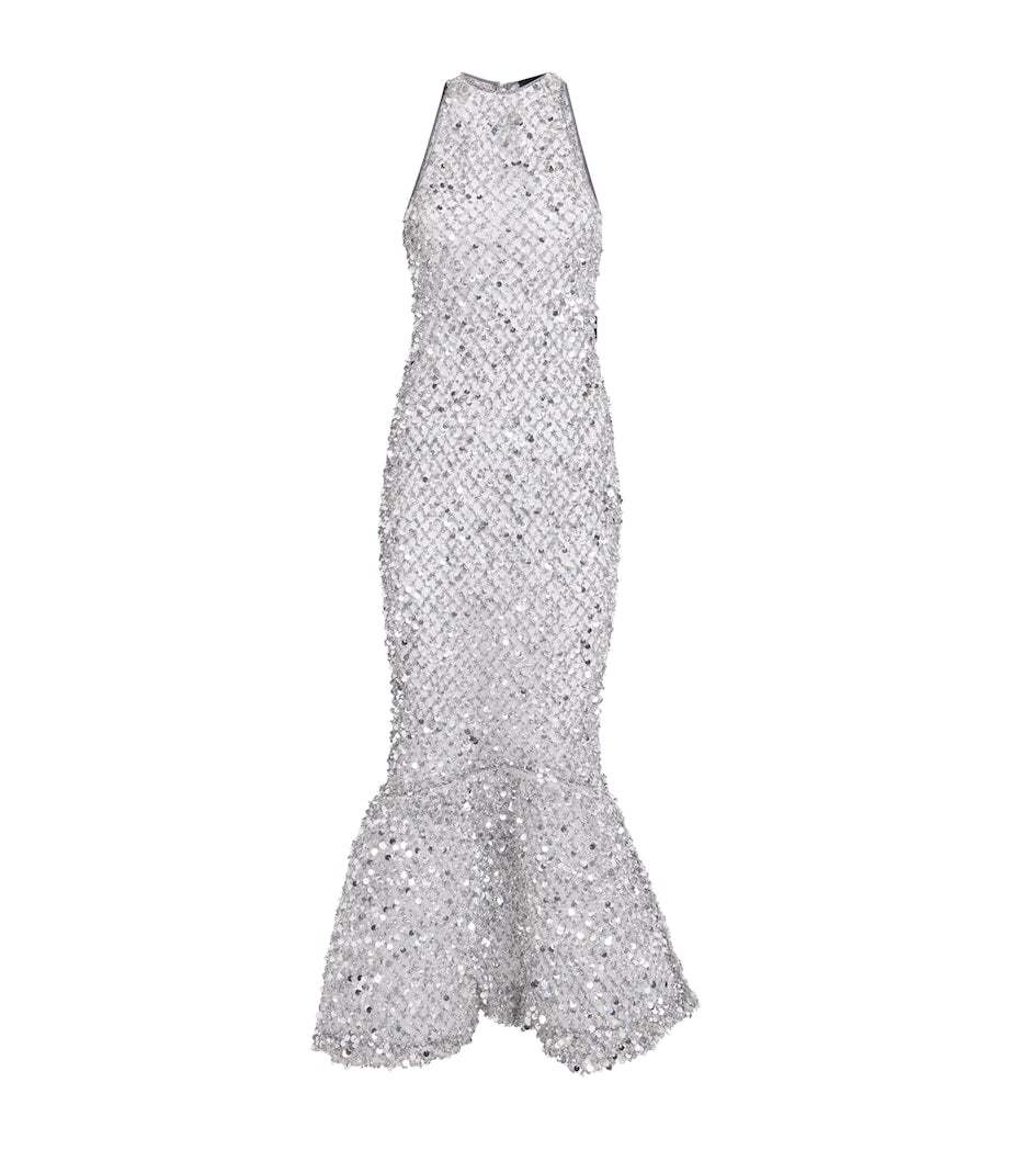 LAPOINTE Silver Sequinned Fishtail Midi Dress