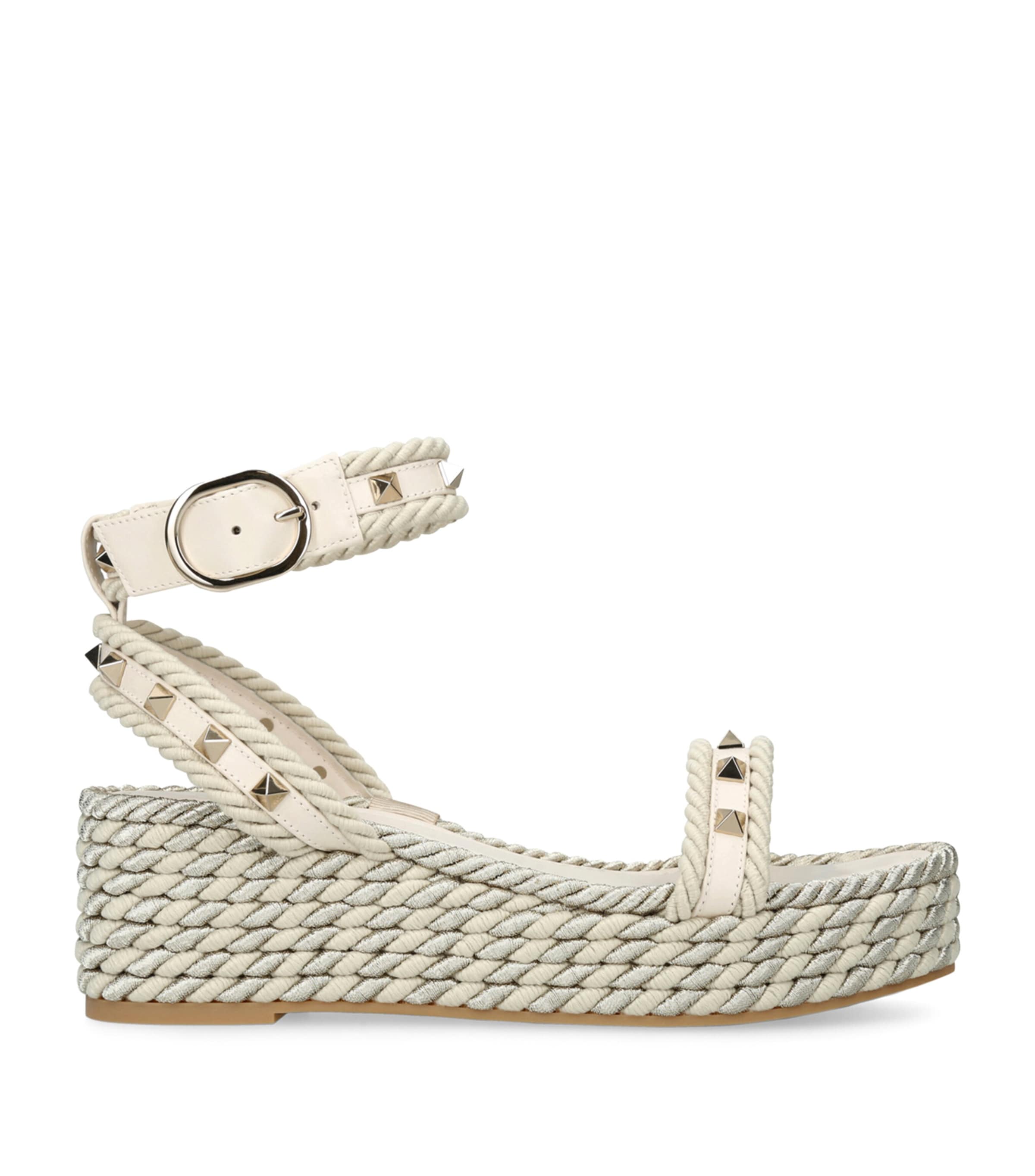 Valentino Garavani White Leather Rockstud Espadrille Sandals 45