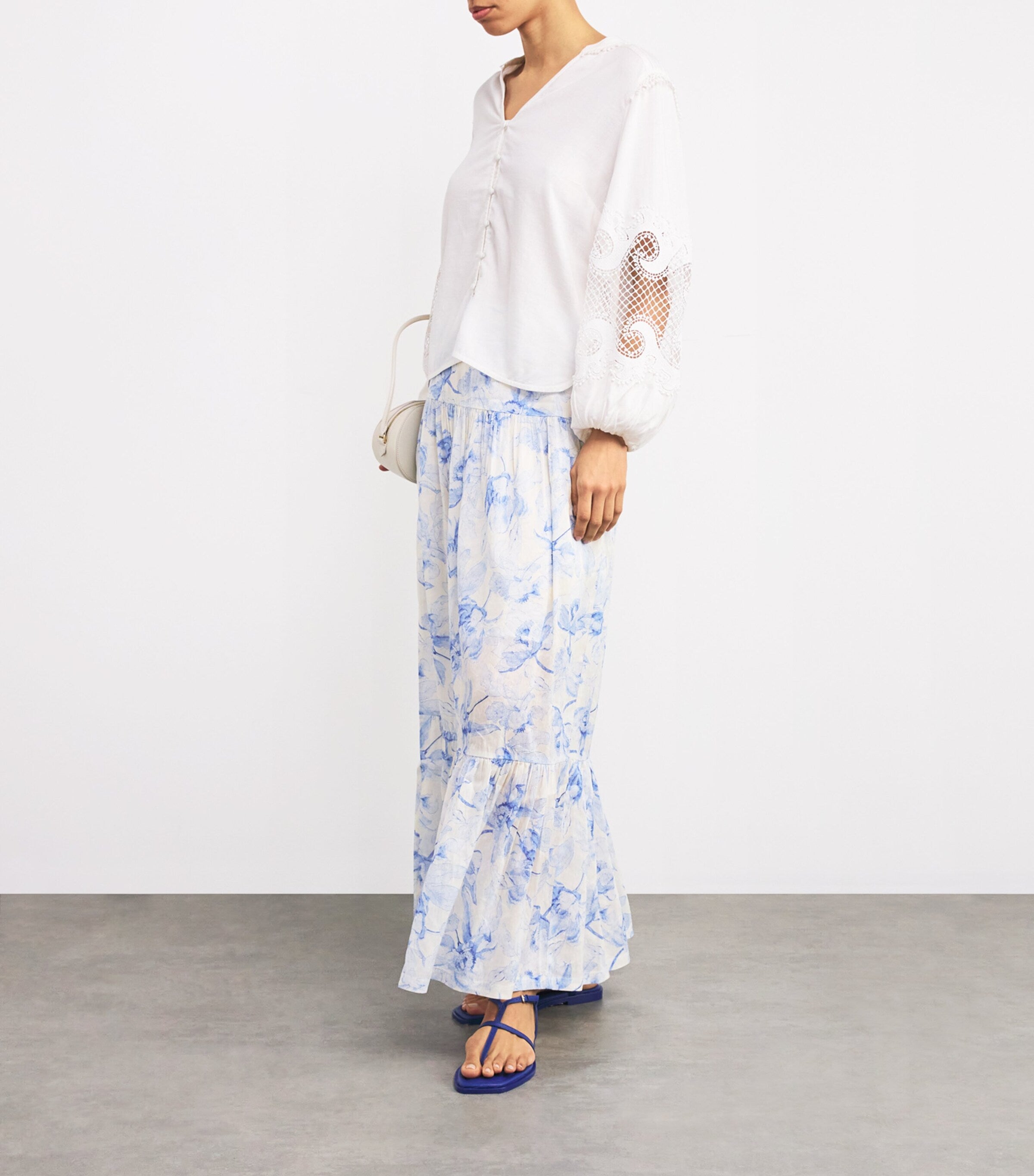 Blue Linen-Blend Watercolour Maxi Skirt