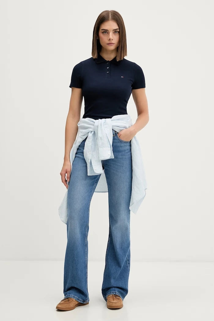 Tommy Jeans yakalı kadın pamuklu elastan tişört
