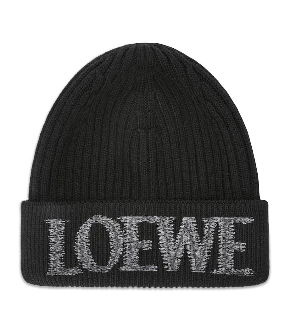 Black Wool Embroidered-Logo Beanie