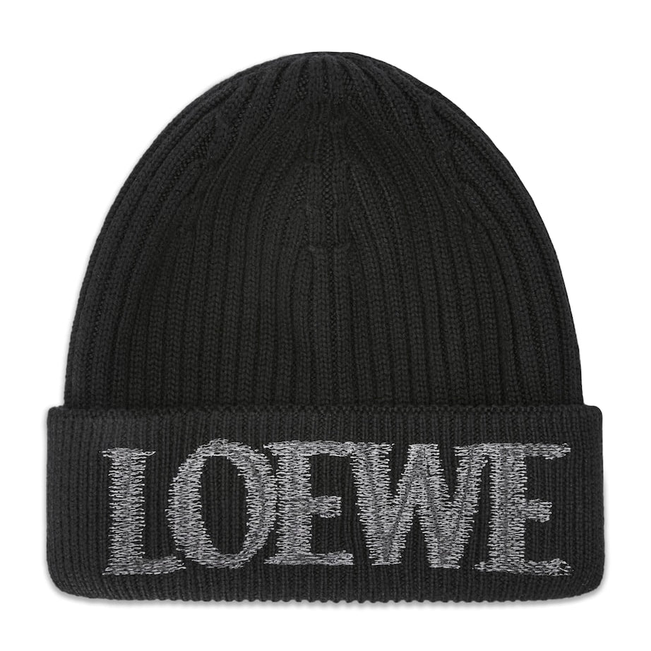 Black Wool Embroidered-Logo Beanie