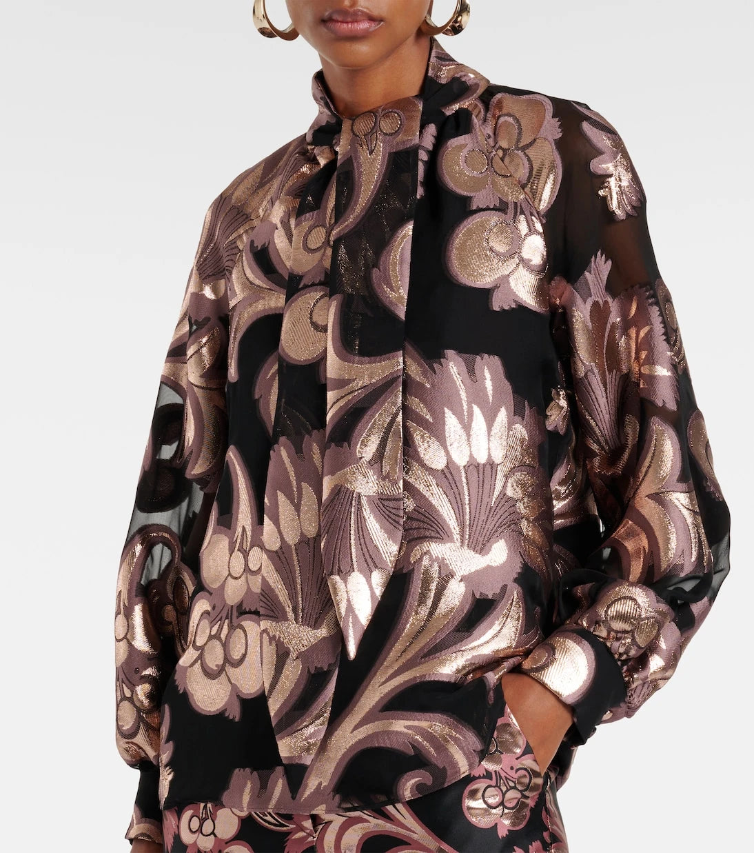 Etro - Semi-sheer tie-neck lamé blouse