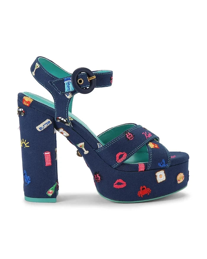 Kurt Geiger London Nakışlı Platform Topuklu Sandalet Navy Canvas