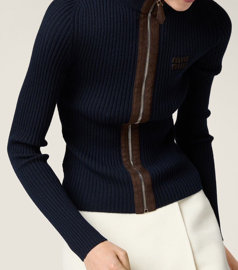 Blue Cashmere-Blend Suede-Trim Cardigan