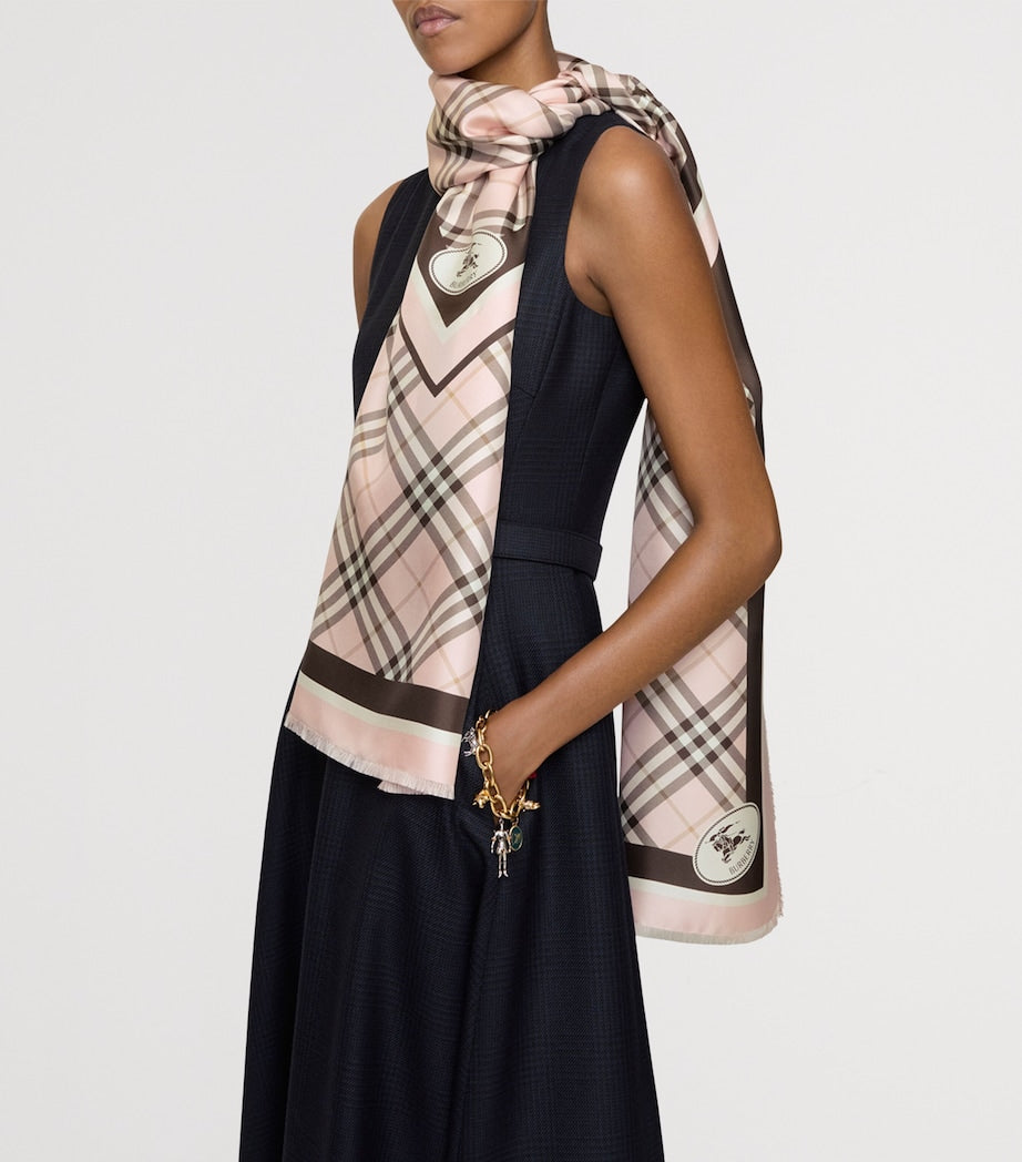Burberry Pink Silk Check Knight Motif Scarf