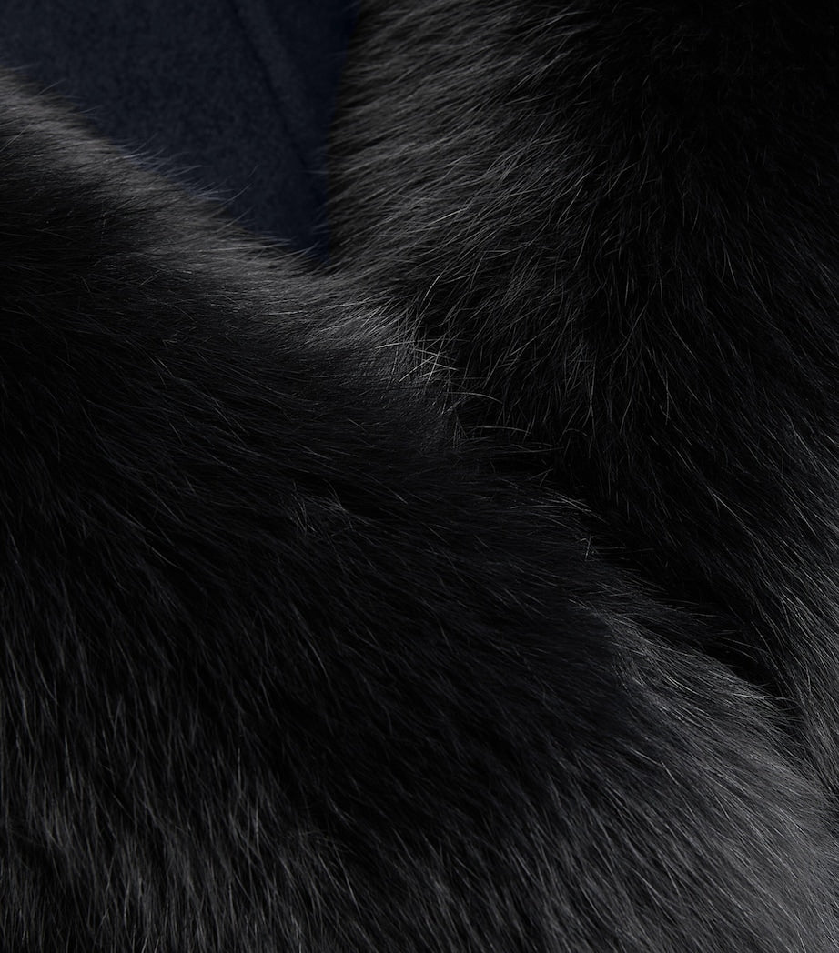 Yves Salomon Blue Cashmere-Wool Fox Fur-Trim Coat