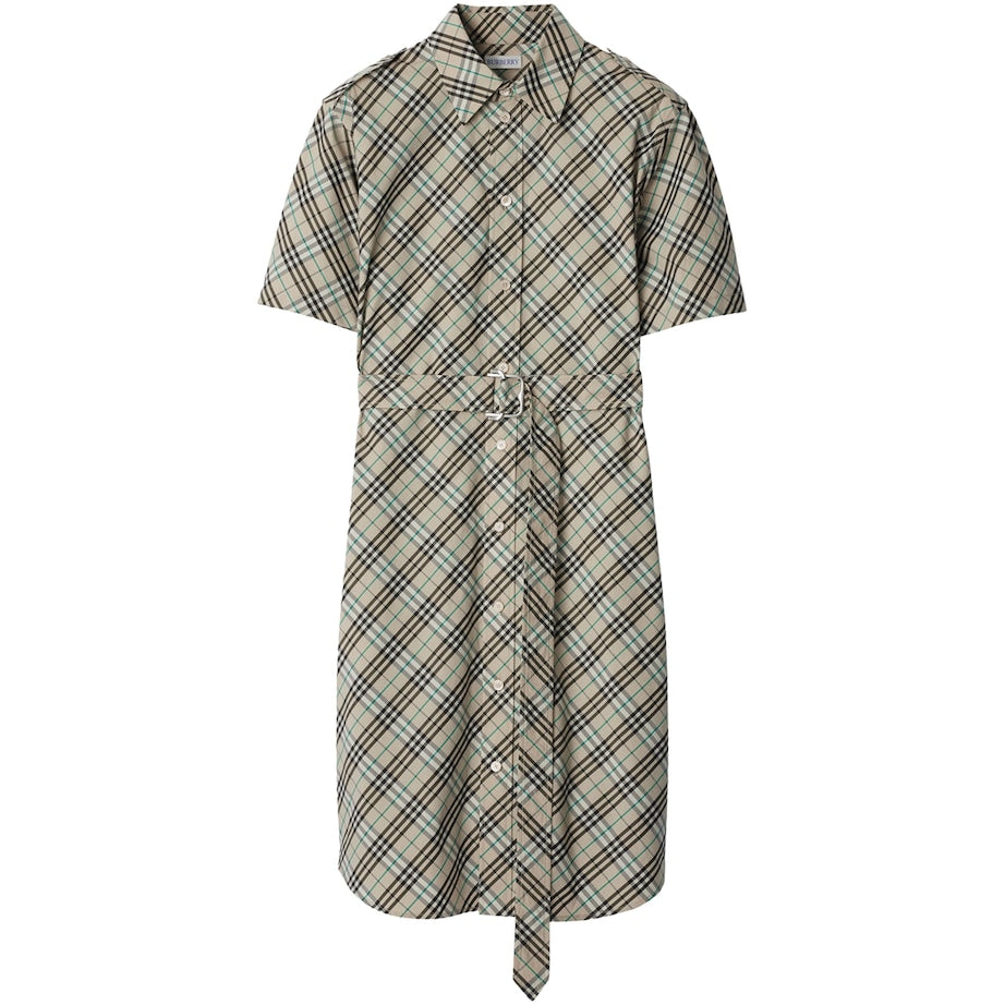 Beige Cotton Check Mini Shirt Dress