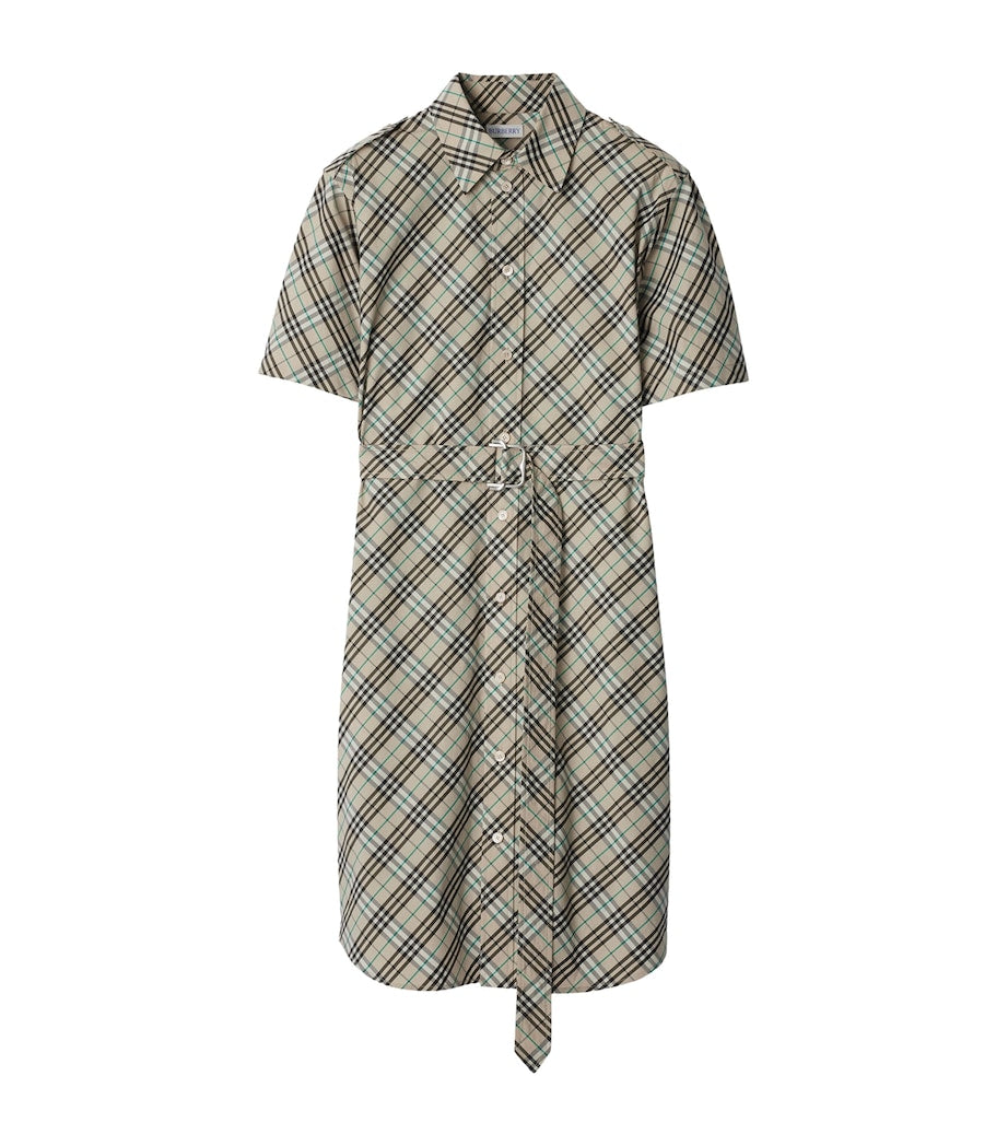 Beige Cotton Check Mini Shirt Dress