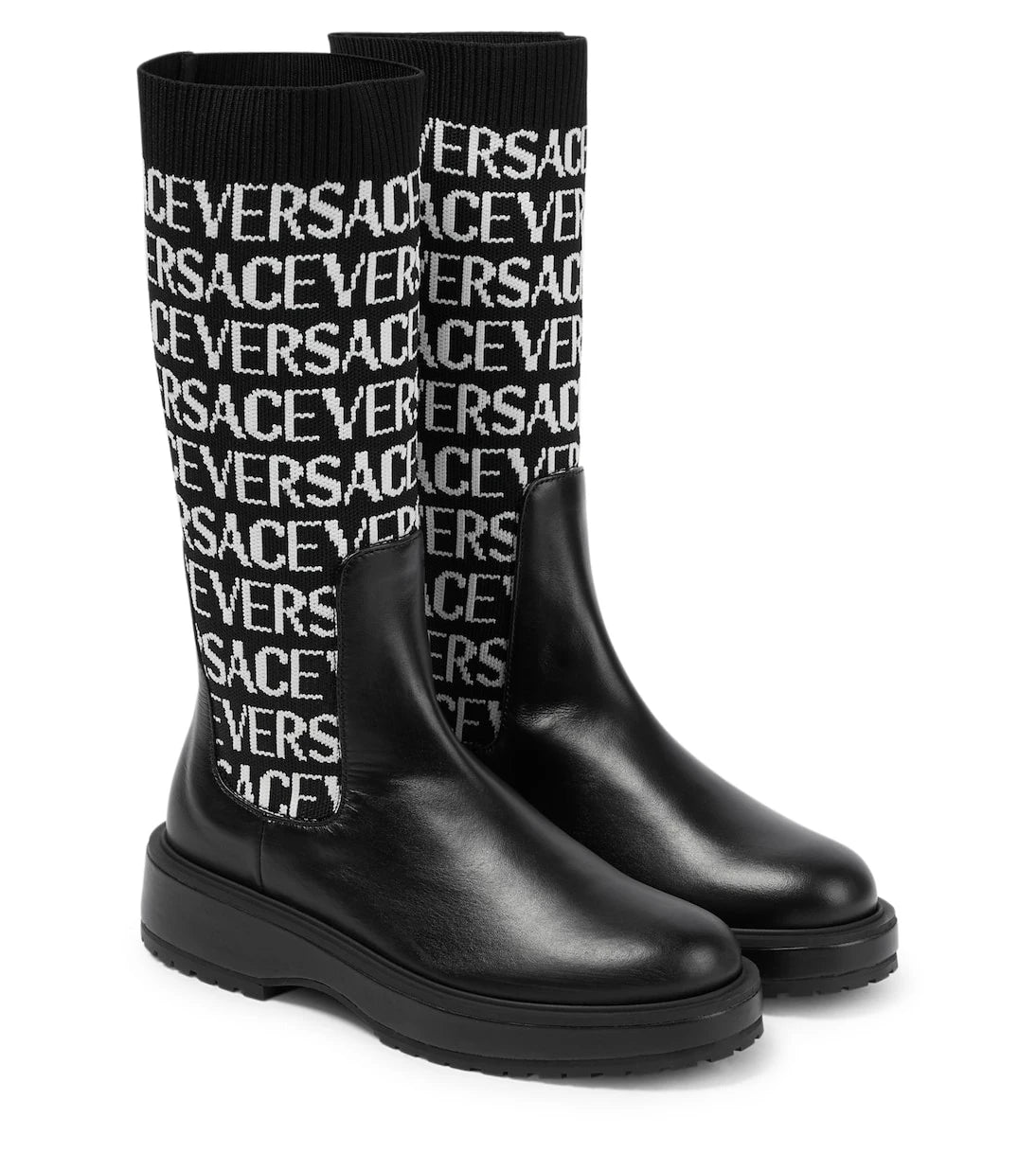 Versace Kids - Jacquard knit-trimmed leather boots