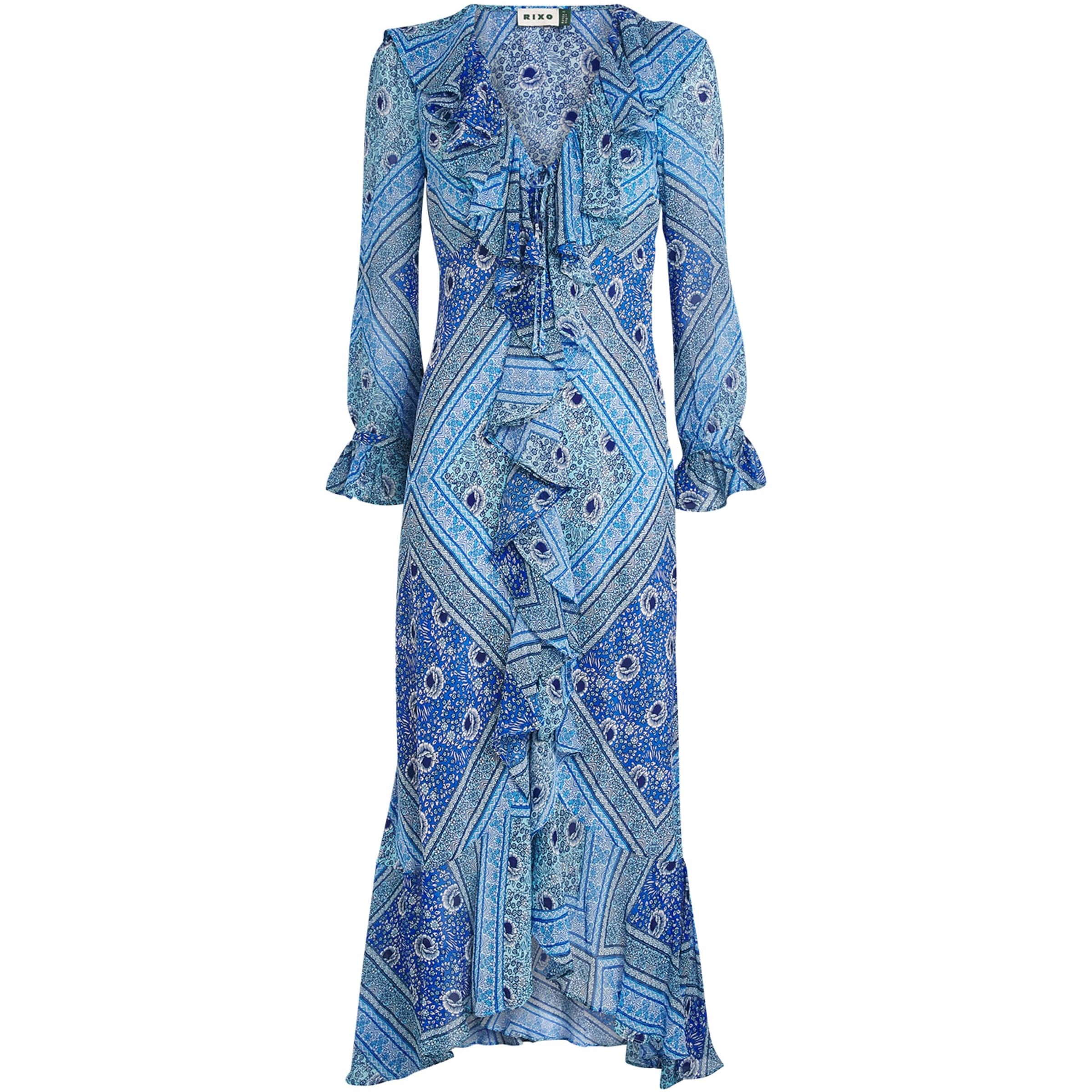 Rixo Blue Silk Printed Gracye Midi Dress