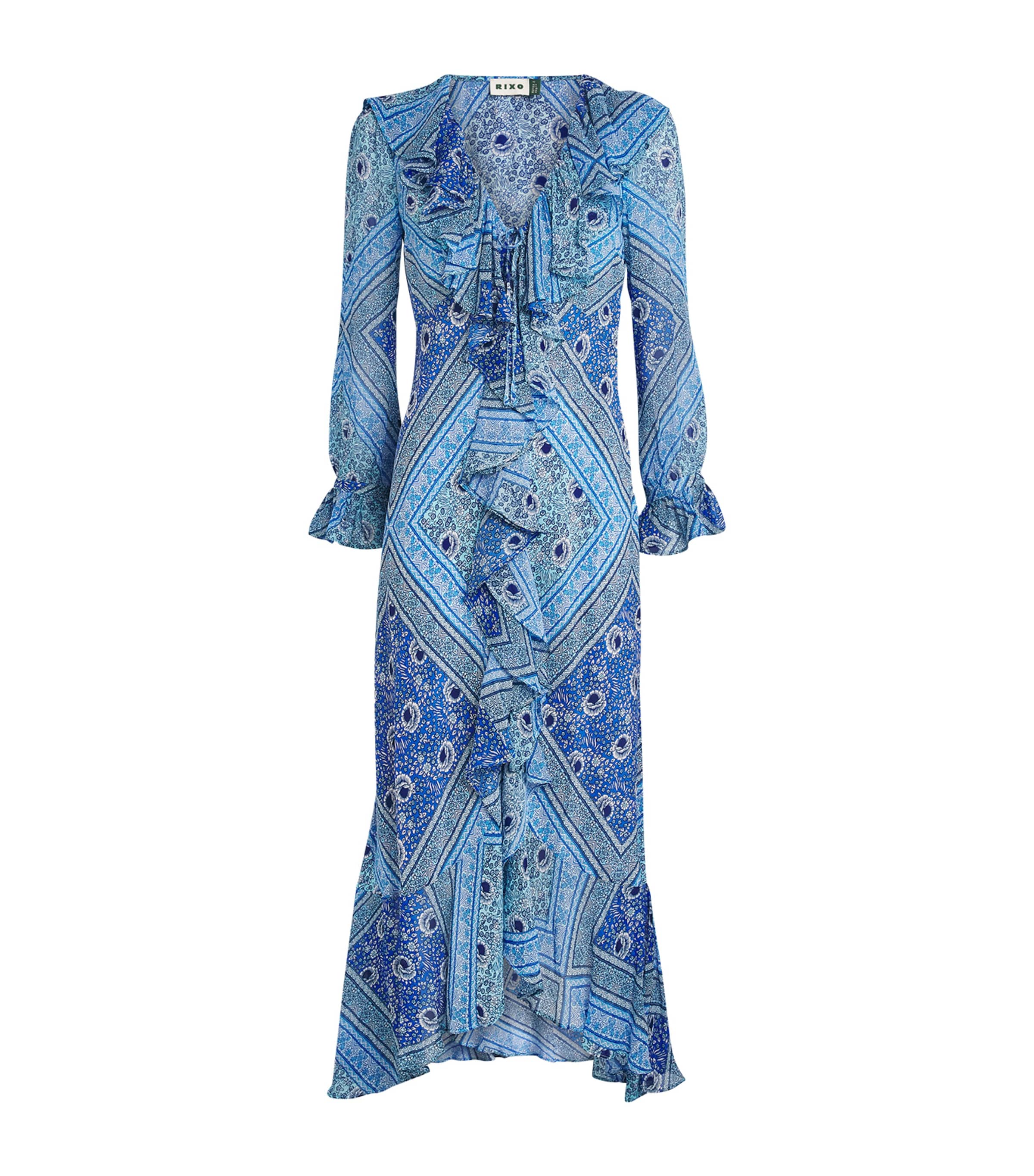 Rixo Blue Silk Printed Gracye Midi Dress