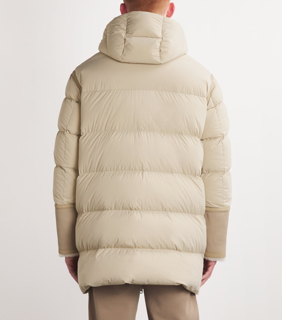 Beige Down Leather-Trim Parka