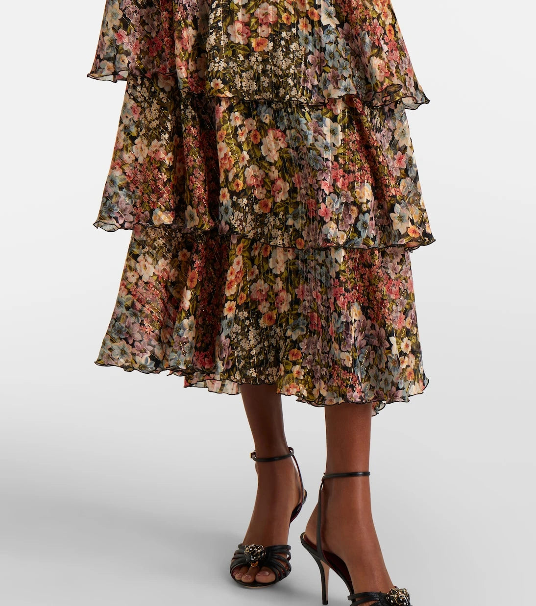 Valentino - Floral plissé tiered silk midi skirt