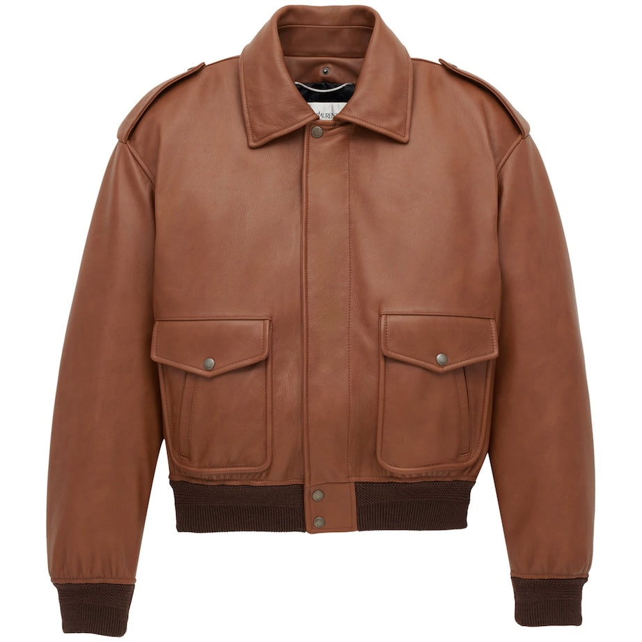 Saint Laurent Brown Shearling Collar Leather Jacket