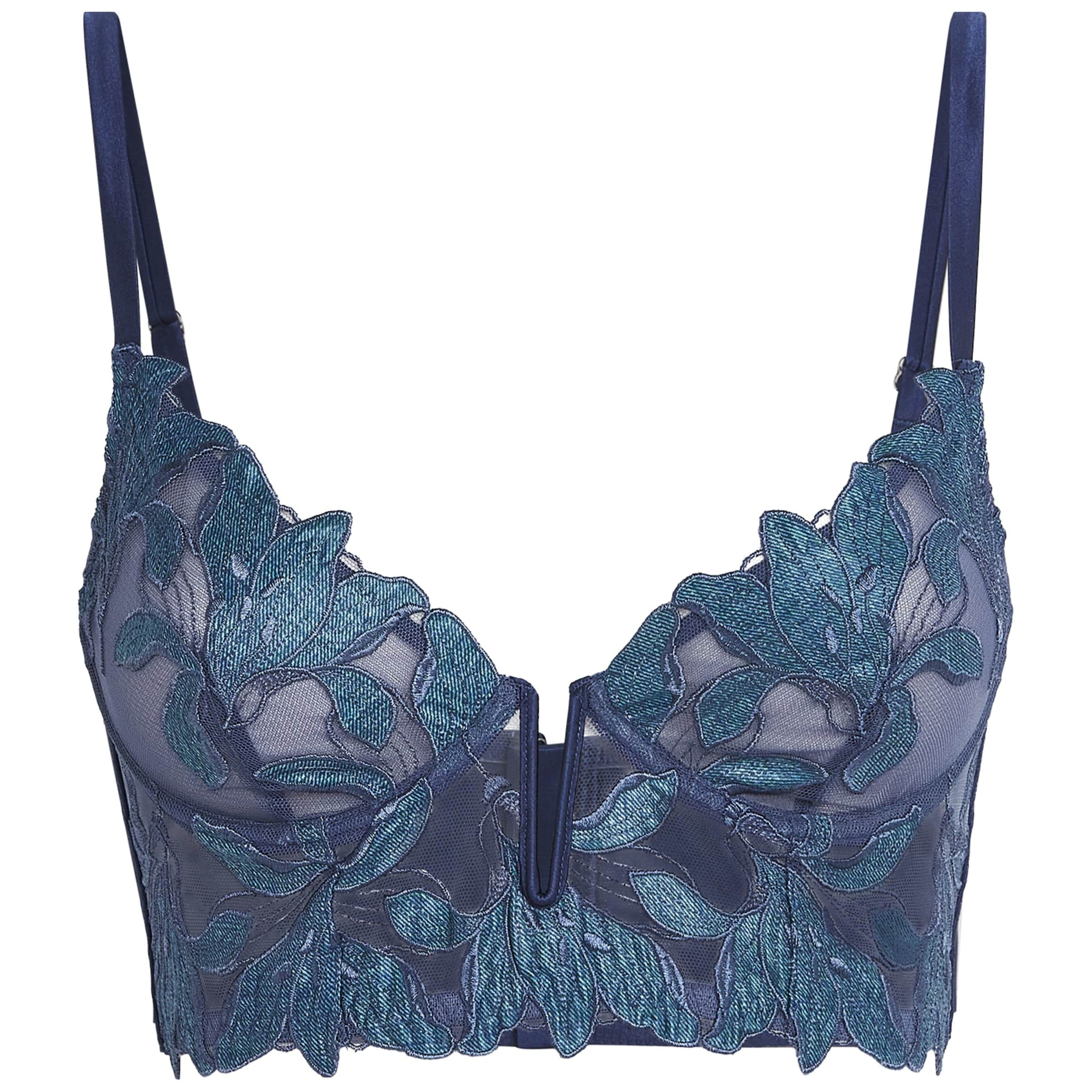Fleur Du Mal Blue Lily Embroidered Longline Demi Bra