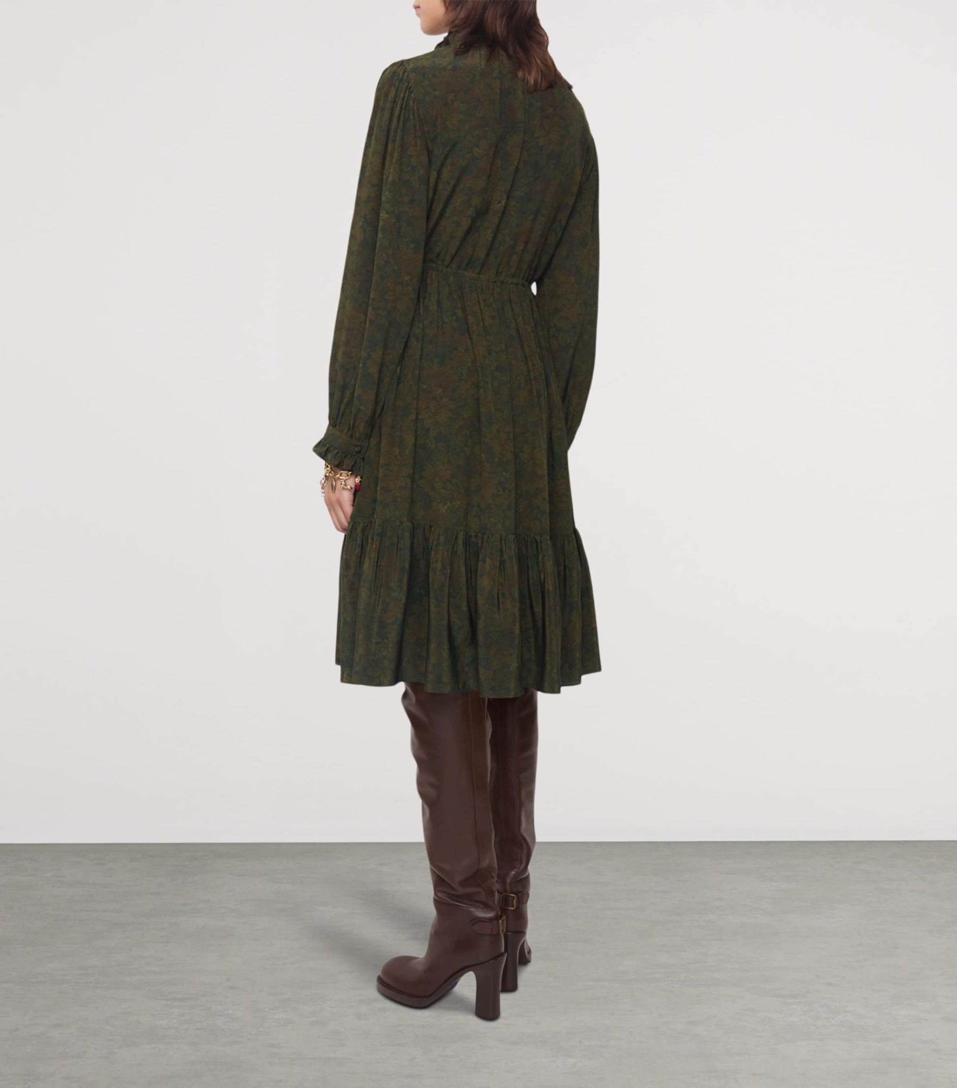 Green Silk Crepe Foliage Midi Dress