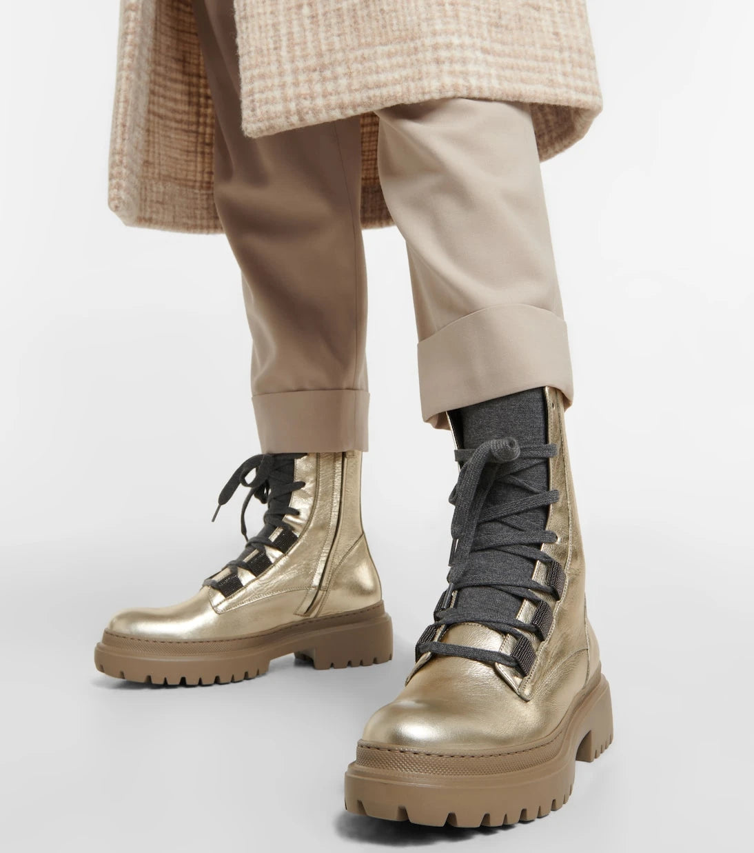Brunello Cucinelli - Metallic leather lace-up boots