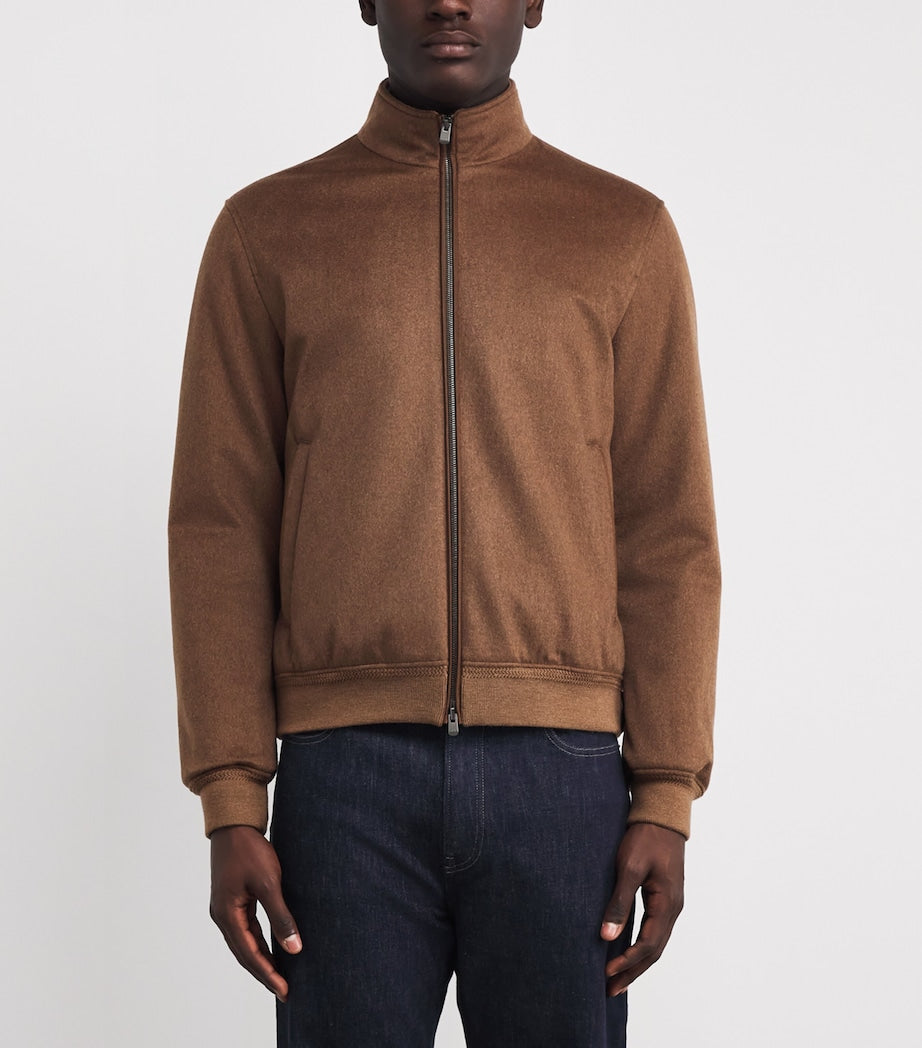 Agnona Brown Cashmere High-Neck Bomber Jacket