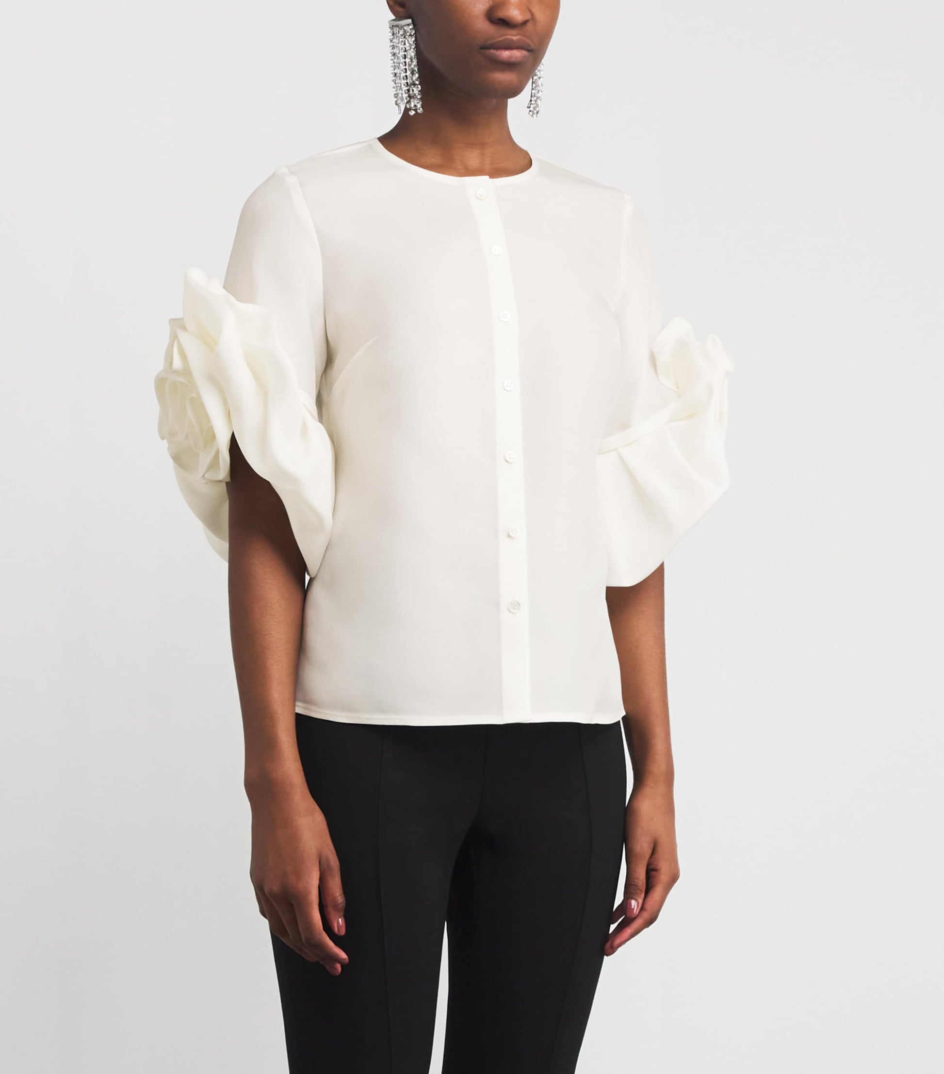White Silk Gazar Rosette Blouse