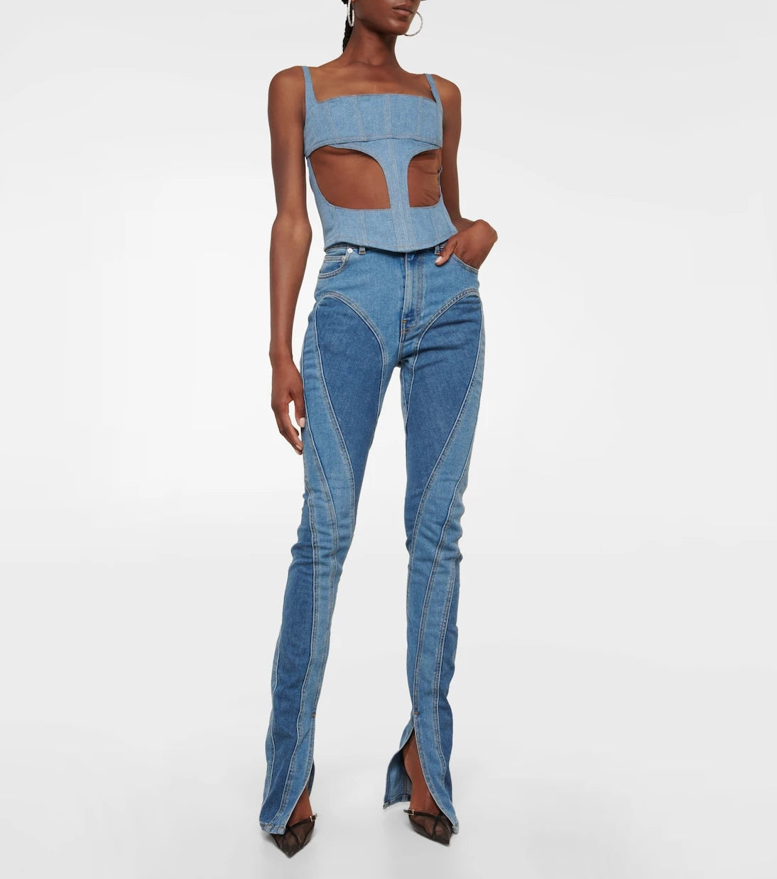 Mugler - Denim and mesh corset top