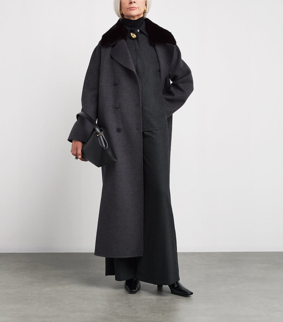 Yves Salomon Black Mink Fur-Trim Collar Coat