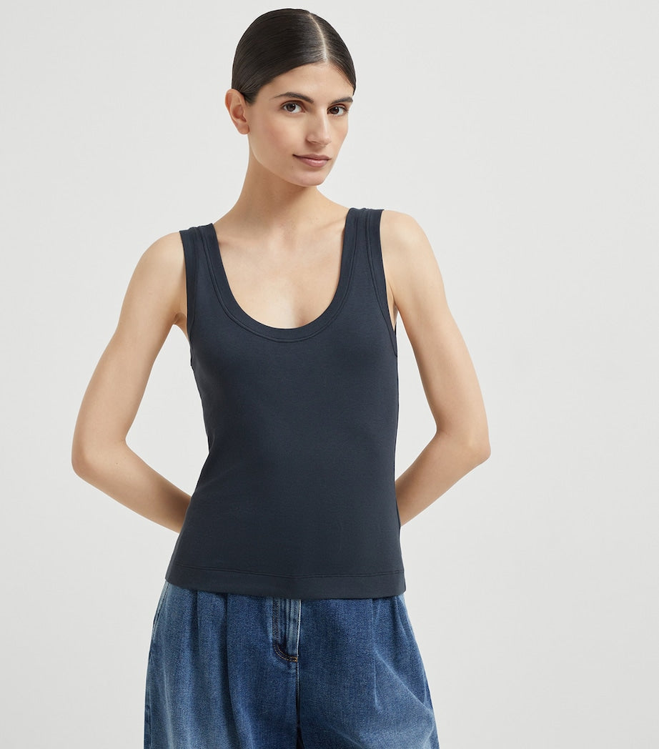 Brunello Cucinelli Blue Stretch-Cotton Scoop-Neck Tank Top