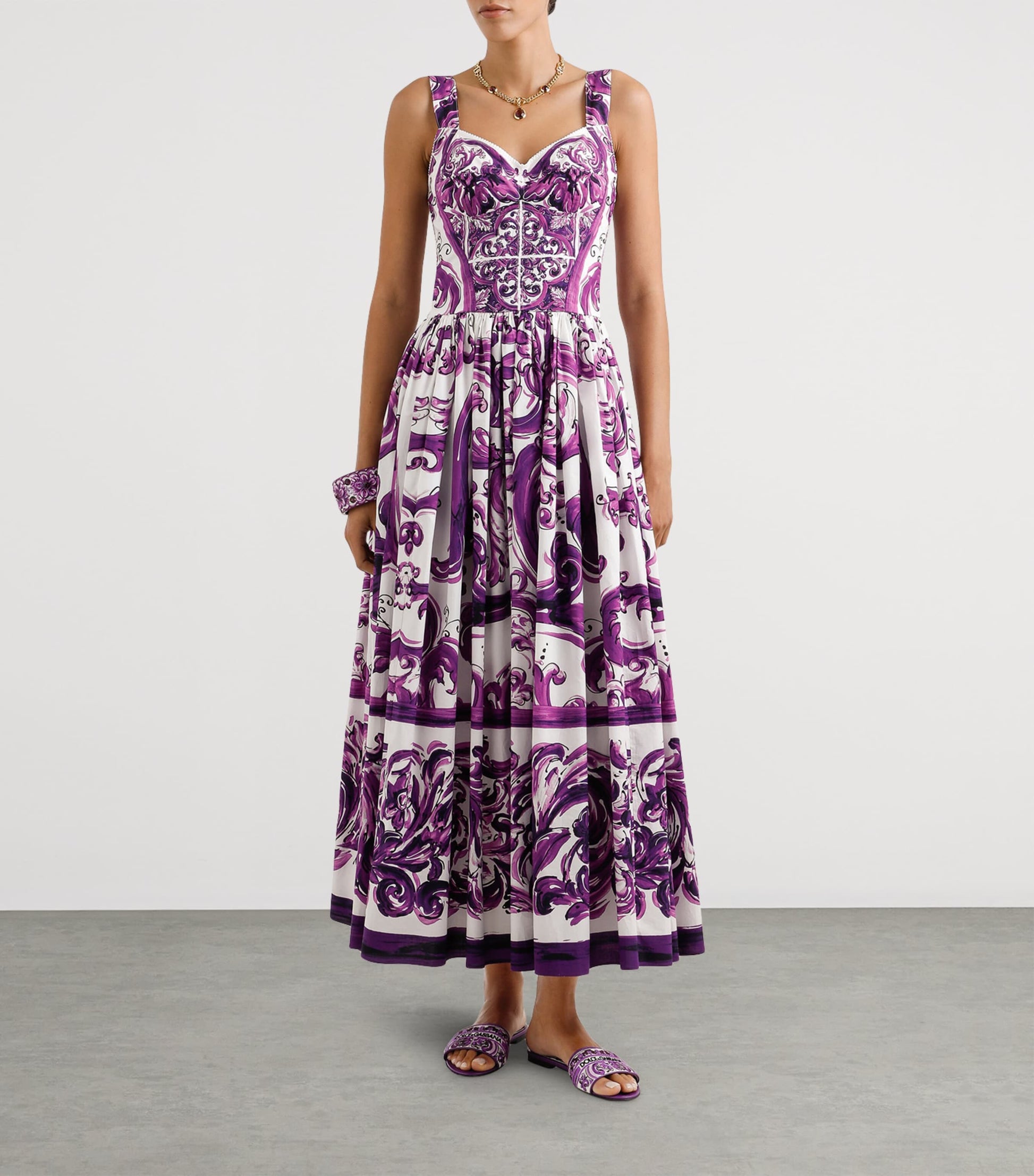 Dolce & Gabbana Multi Cotton Majolica Print Pleated Maxi Dress