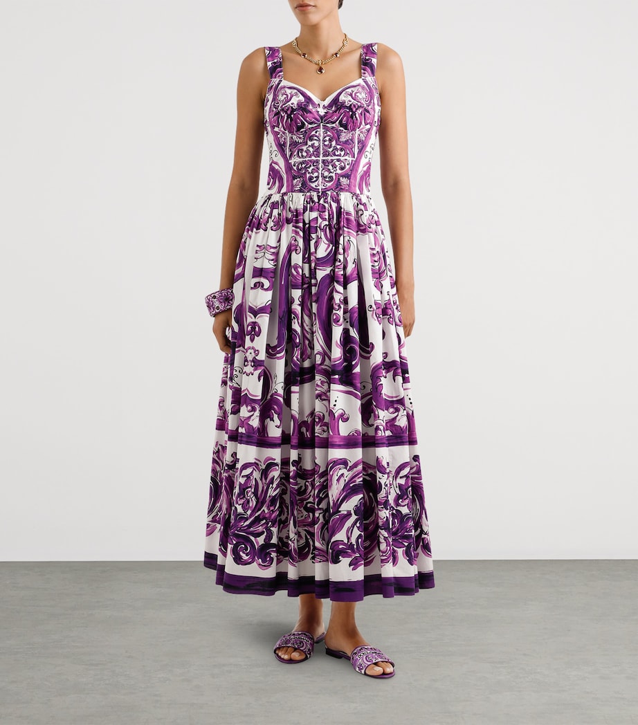 Dolce & Gabbana Multi Cotton Majolica Print Pleated Maxi Dress