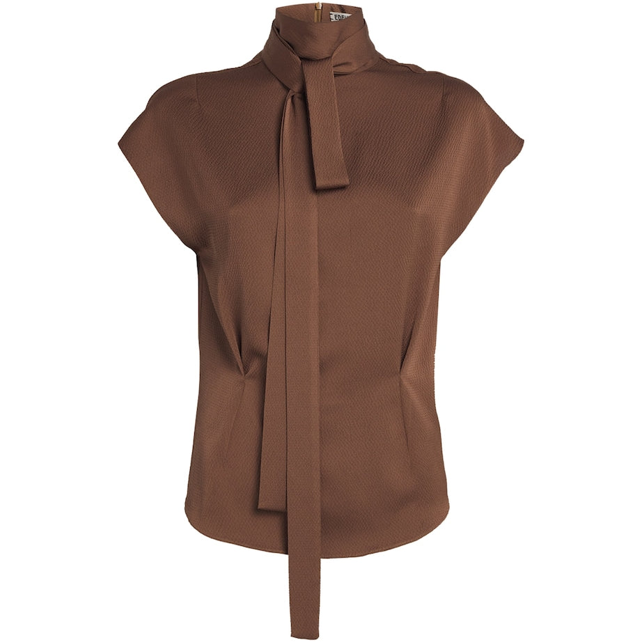 Edeline Lee Brown Charmeuse Tied Blouse