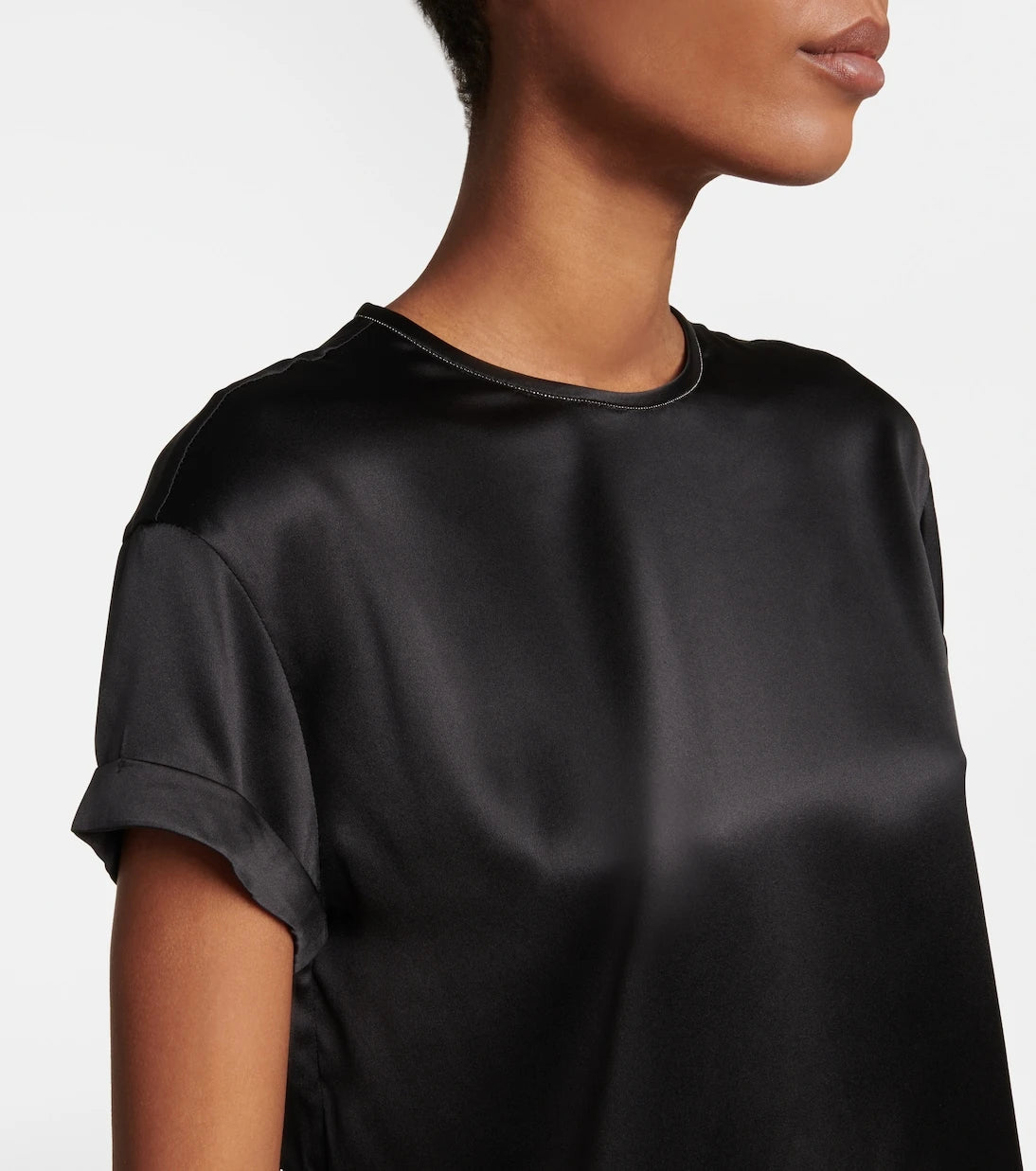 Brunello Cucinelli - Embellished silk-blend satin T-shirt