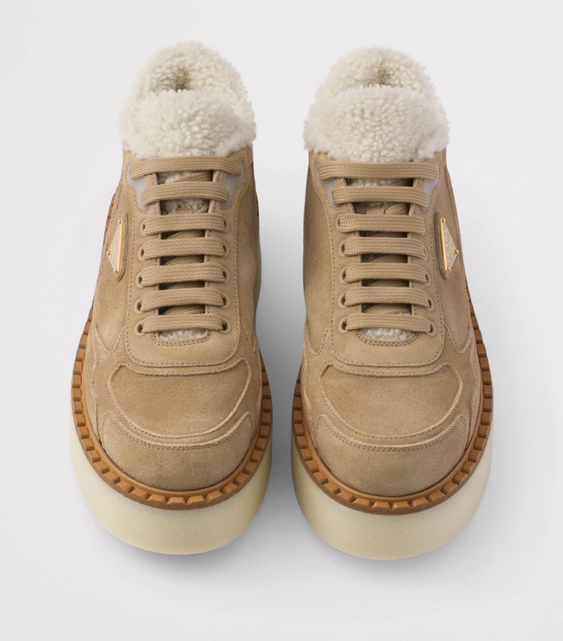Prada Neutral Suede Shearling Platform Sneakers
