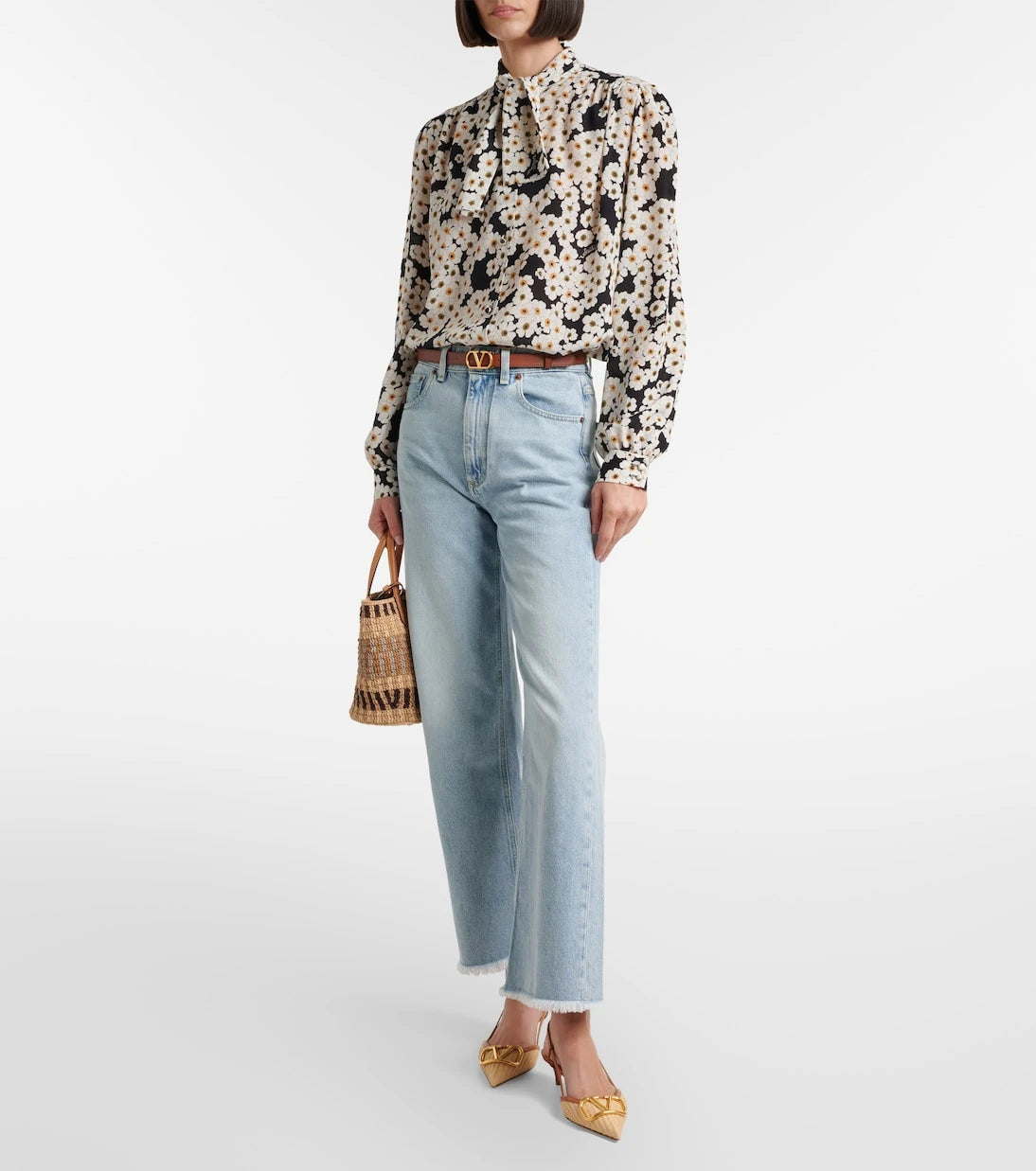 Valentino Garavani - VLogo leather-trimmed raffia slingback pumps