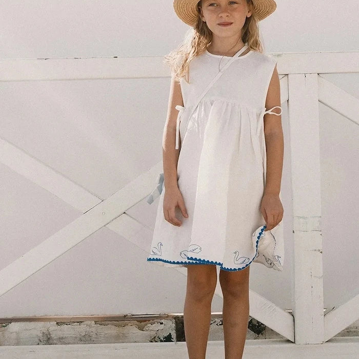 Детска рокля с лен Tinycottons SWANS BOWS DRESS